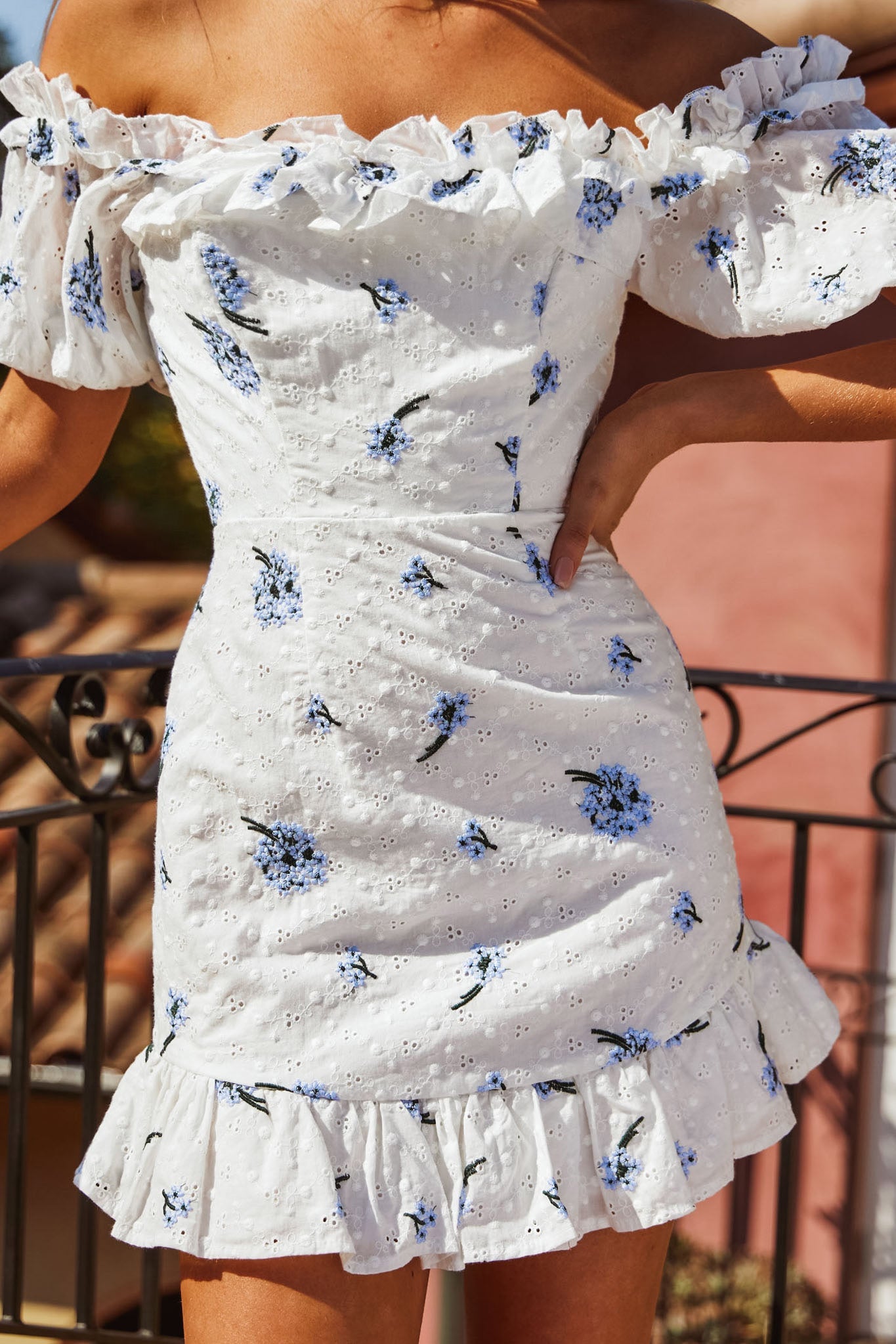 Morning Song Off-Shoulder Frill Trim Embroidery Dress Floral Print Blue by Selfie Leslie
