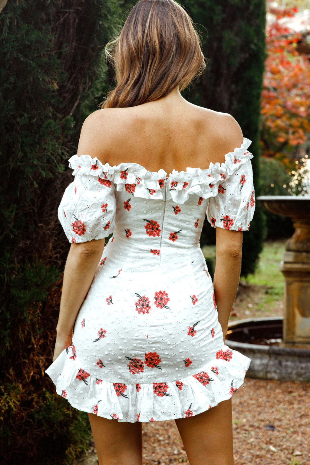Morning Song Off-Shoulder Frill Trim Embroidery Dress Floral Print Red by Selfie Leslie