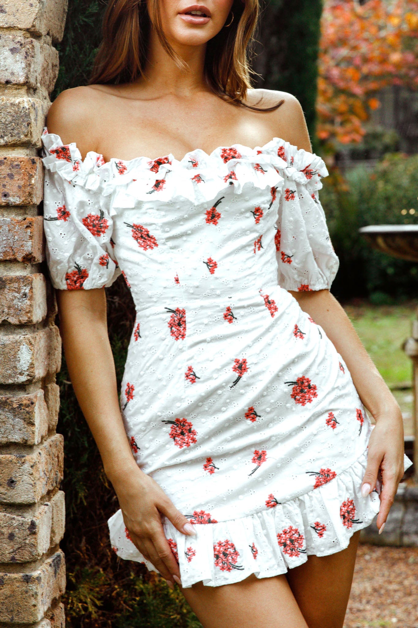 Morning Song Off-Shoulder Frill Trim Embroidery Dress Floral Print Red by Selfie Leslie