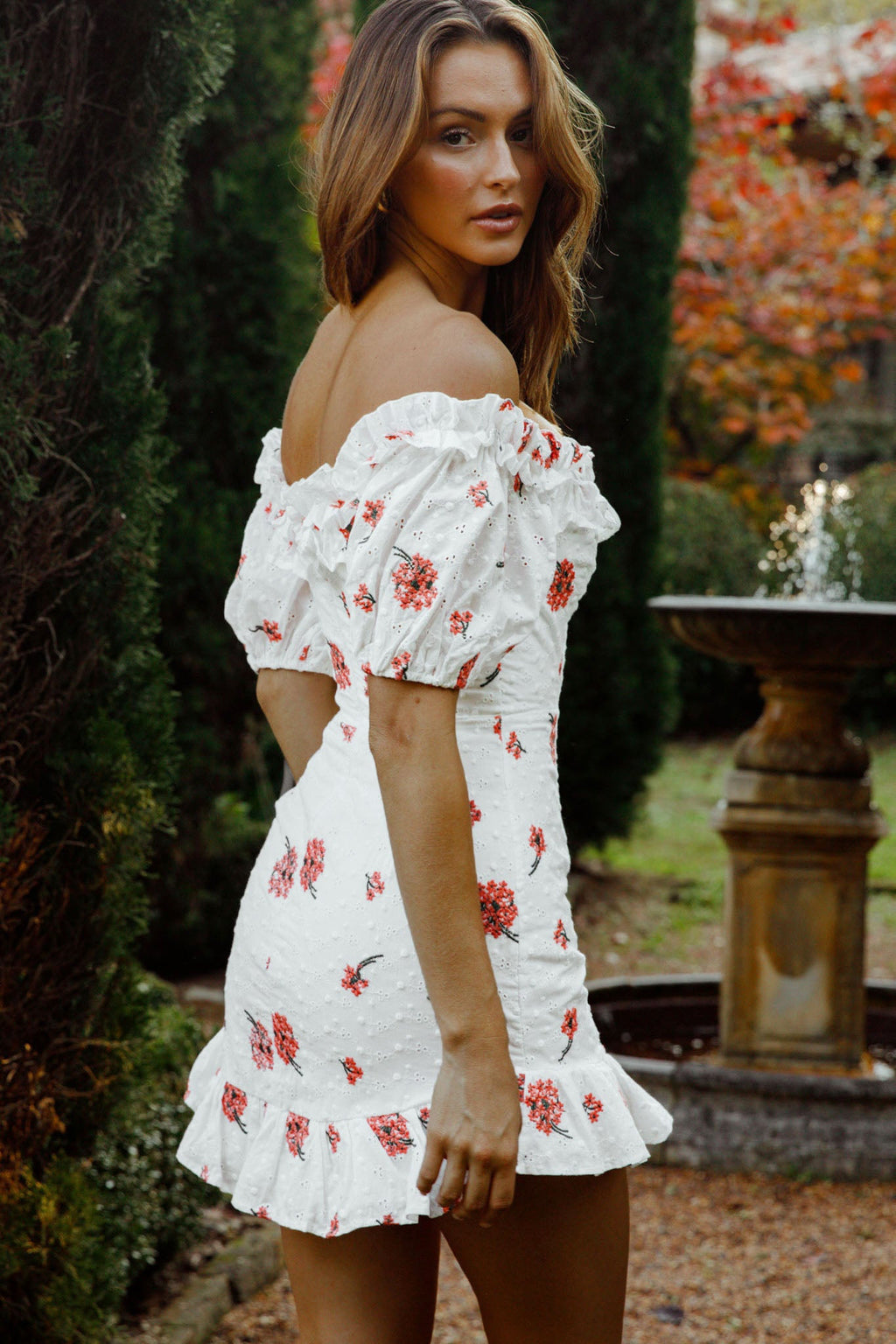 Morning Song Off-Shoulder Frill Trim Embroidery Dress Floral Print Red by Selfie Leslie