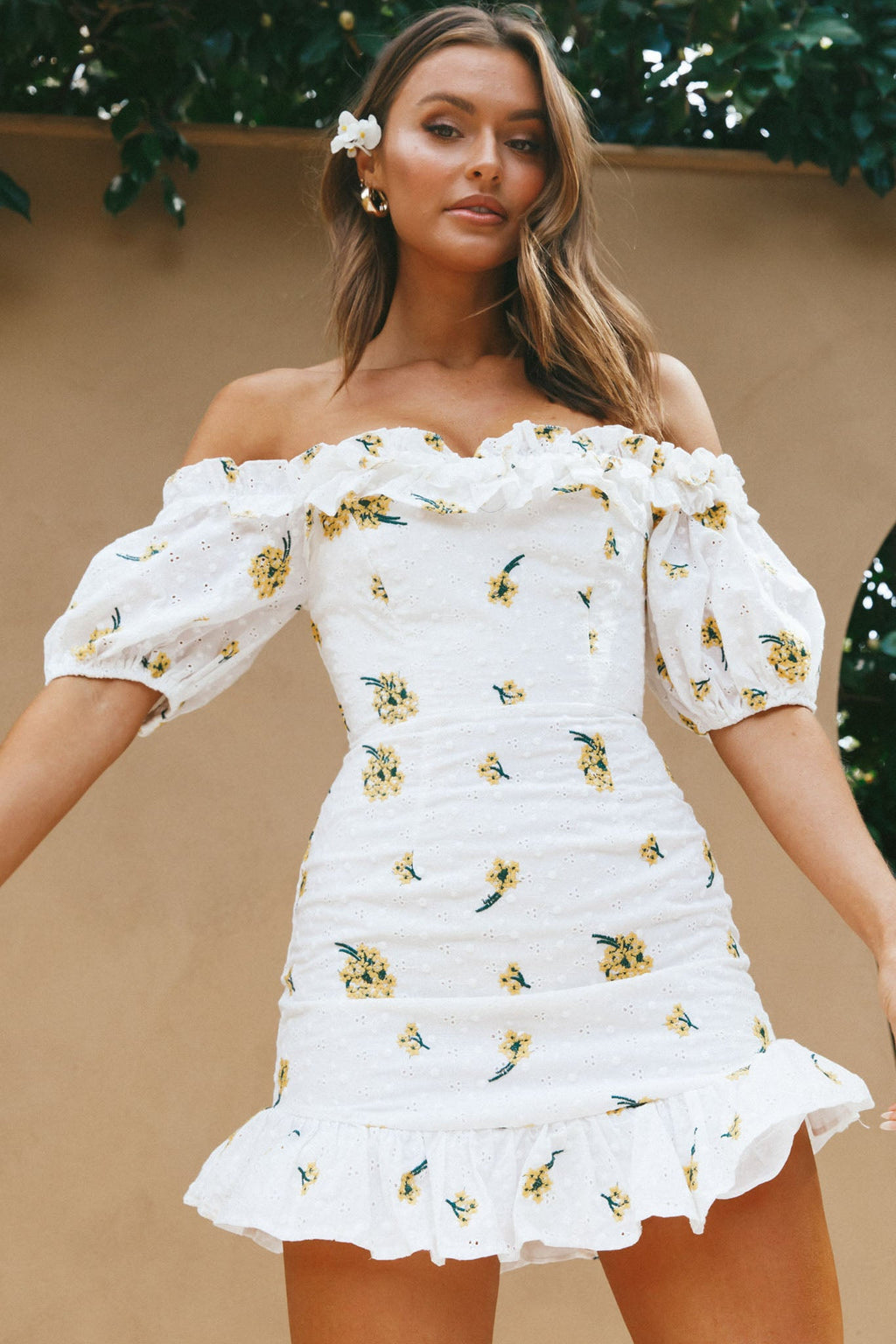 Morning Song Off-Shoulder Frill Trim Embroidery Dress Floral Print Yellow by Selfie Leslie
