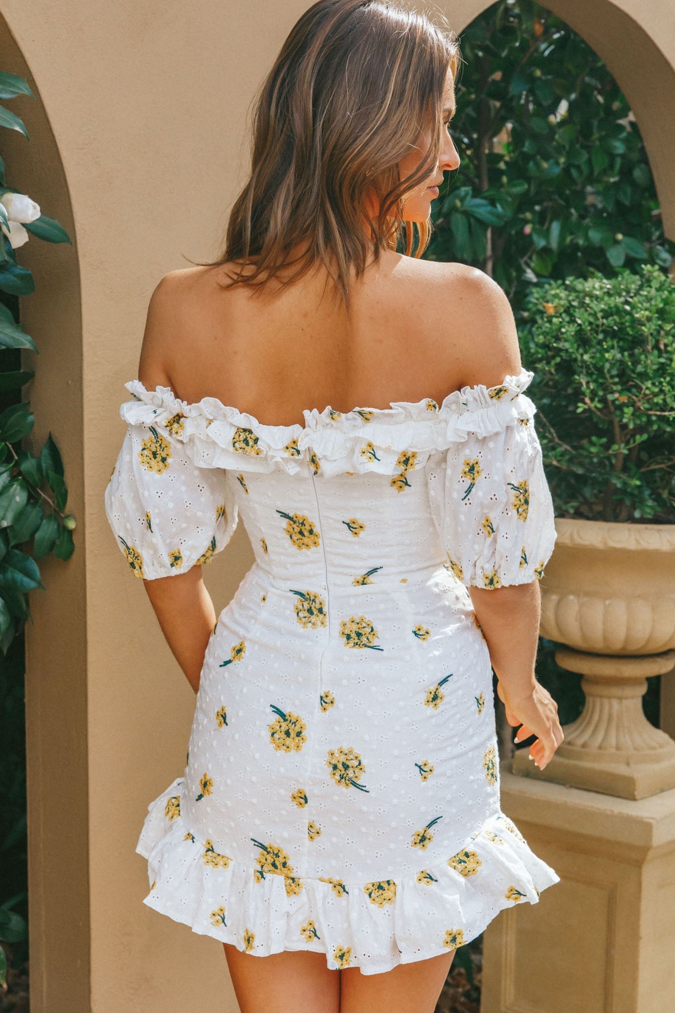Morning Song Off-Shoulder Frill Trim Embroidery Dress Floral Print Yellow by Selfie Leslie