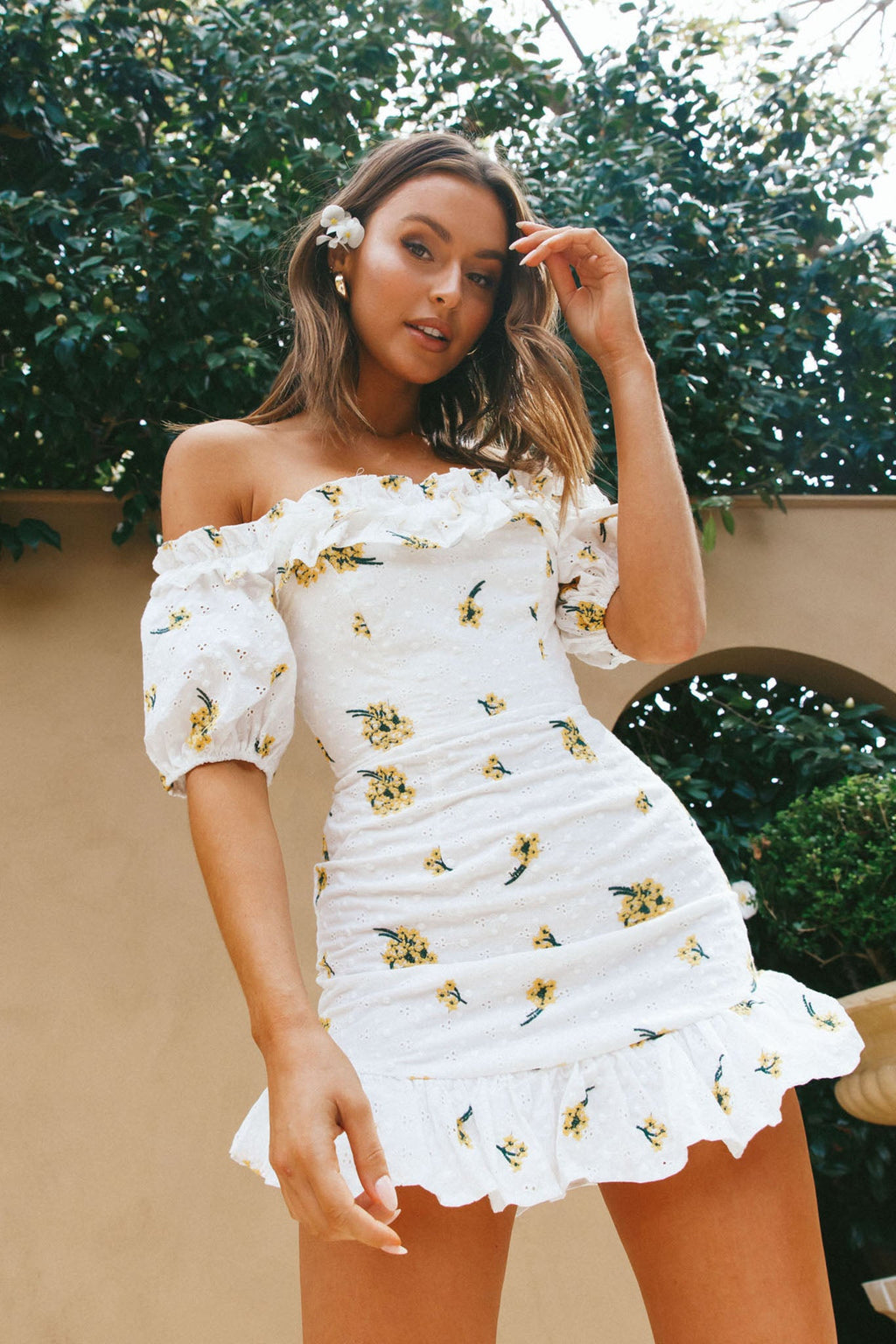 Morning Song Off-Shoulder Frill Trim Embroidery Dress Floral Print Yellow by Selfie Leslie