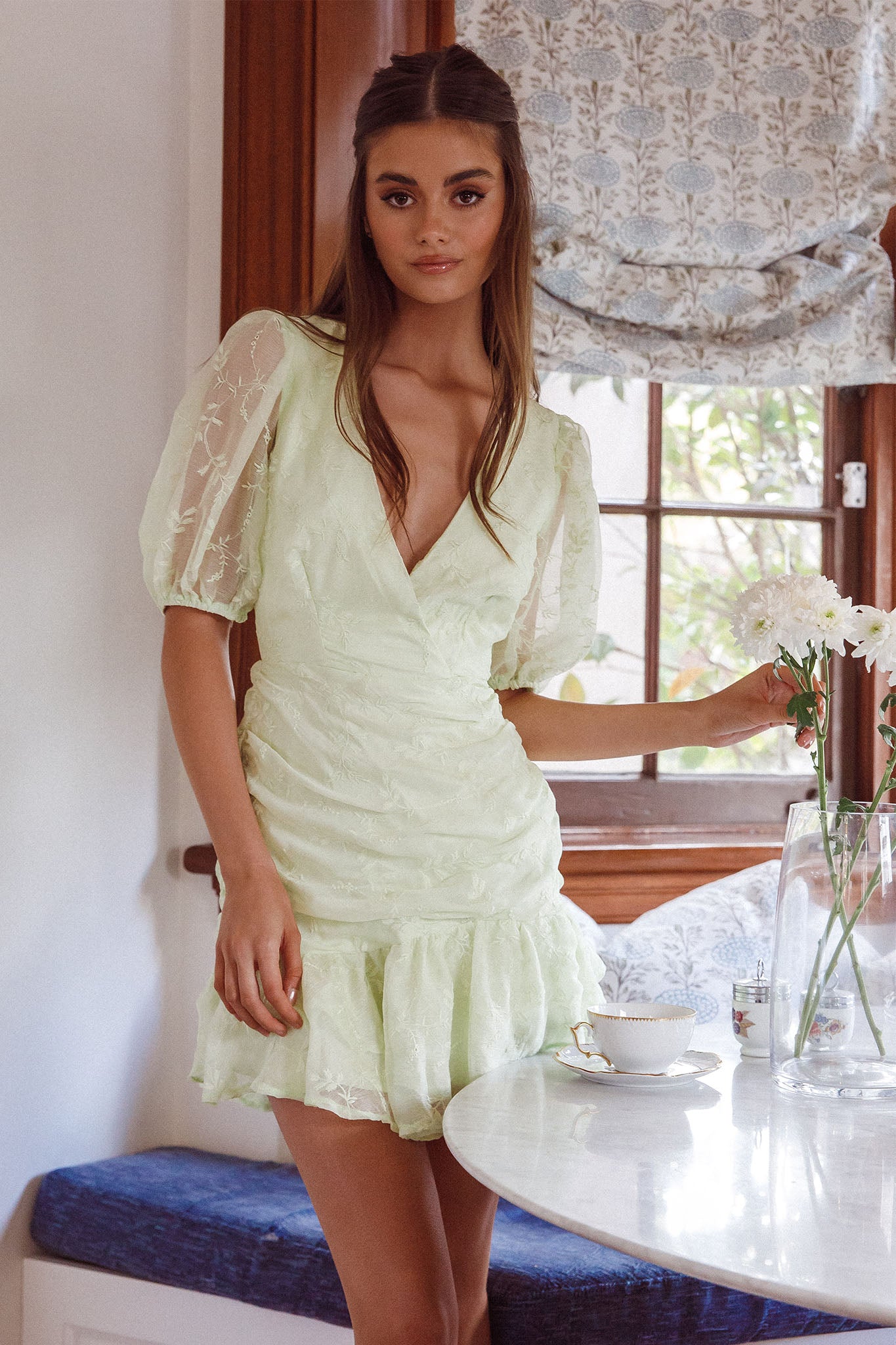 Cherry Blossom Puff Sleeve Wide Ruffle Hem Dress Apple by Selfie Leslie Australia