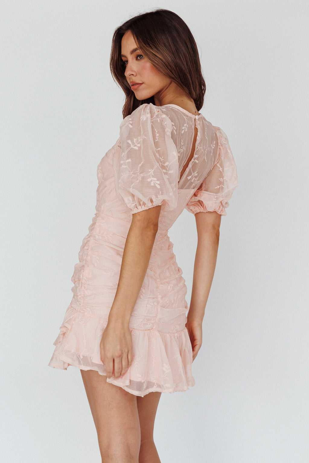 Cherry Blossom Puff Sleeve Wide Ruffle Hem Dress Pink by Selfie Leslie Australia