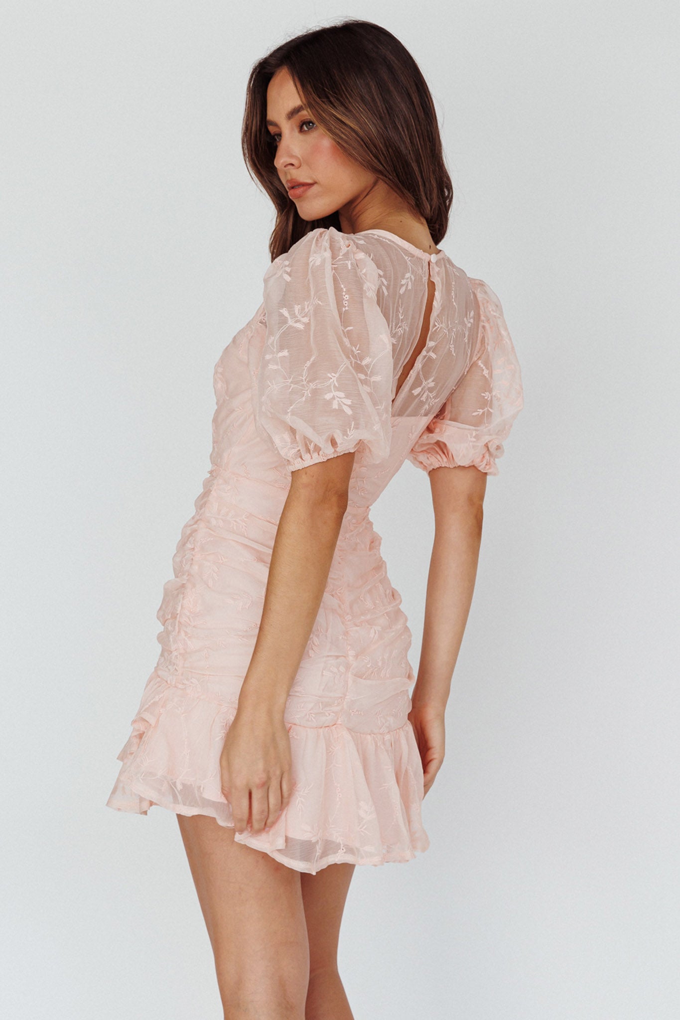 Cherry Blossom Puff Sleeve Wide Ruffle Hem Dress Pink by Selfie Leslie Australia