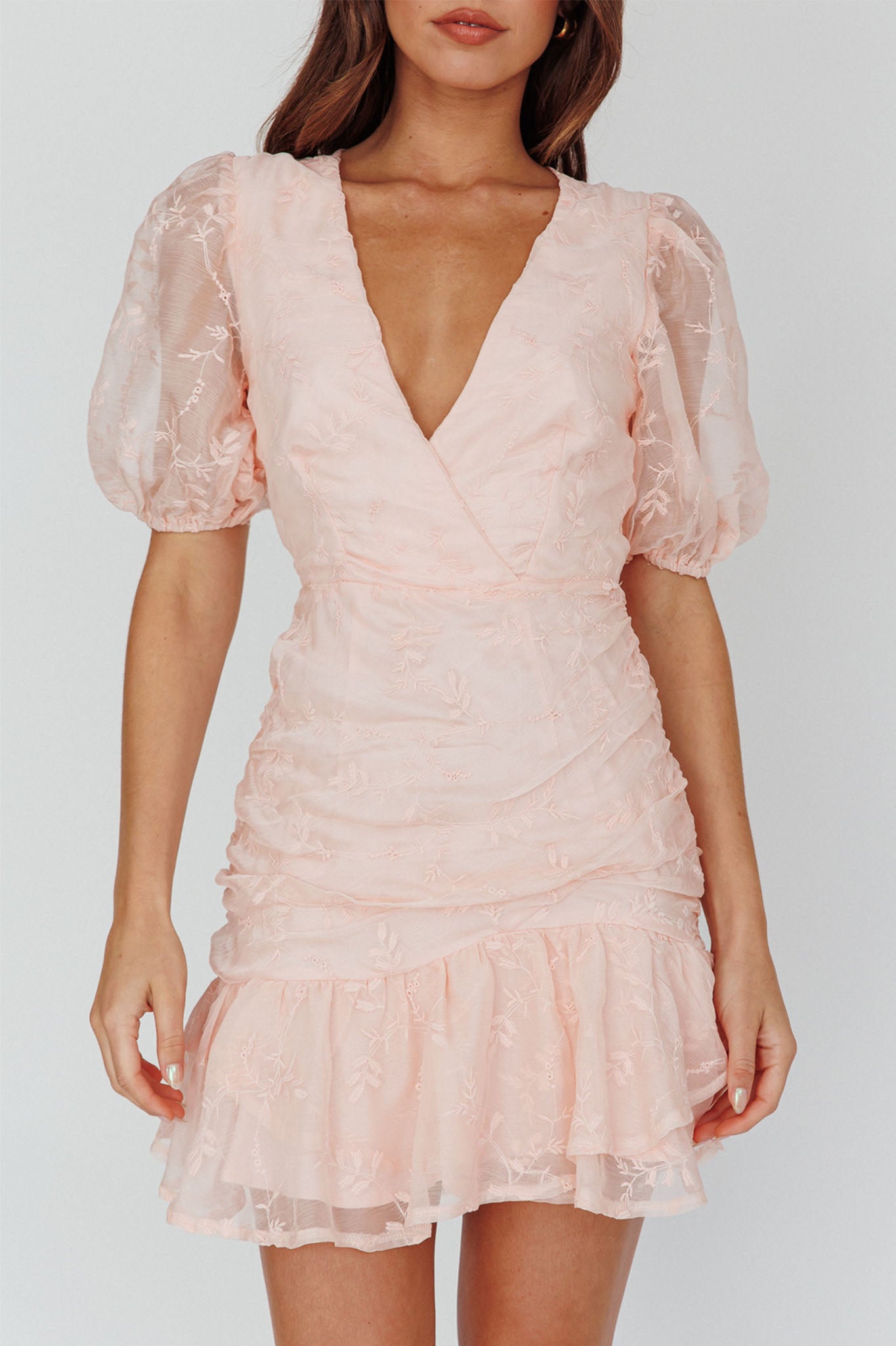 Cherry Blossom Puff Sleeve Wide Ruffle Hem Dress Pink by Selfie Leslie Australia