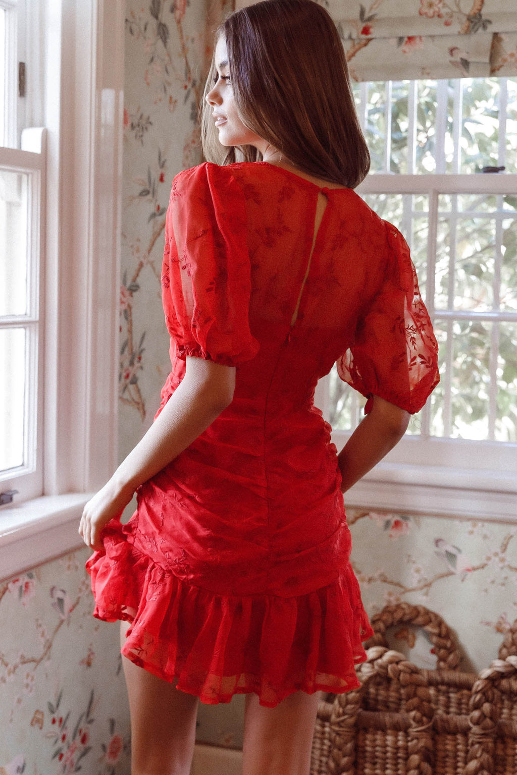 Cherry Blossom Puff Sleeve Wide Ruffle Hem Dress Red by Selfie Leslie Australia