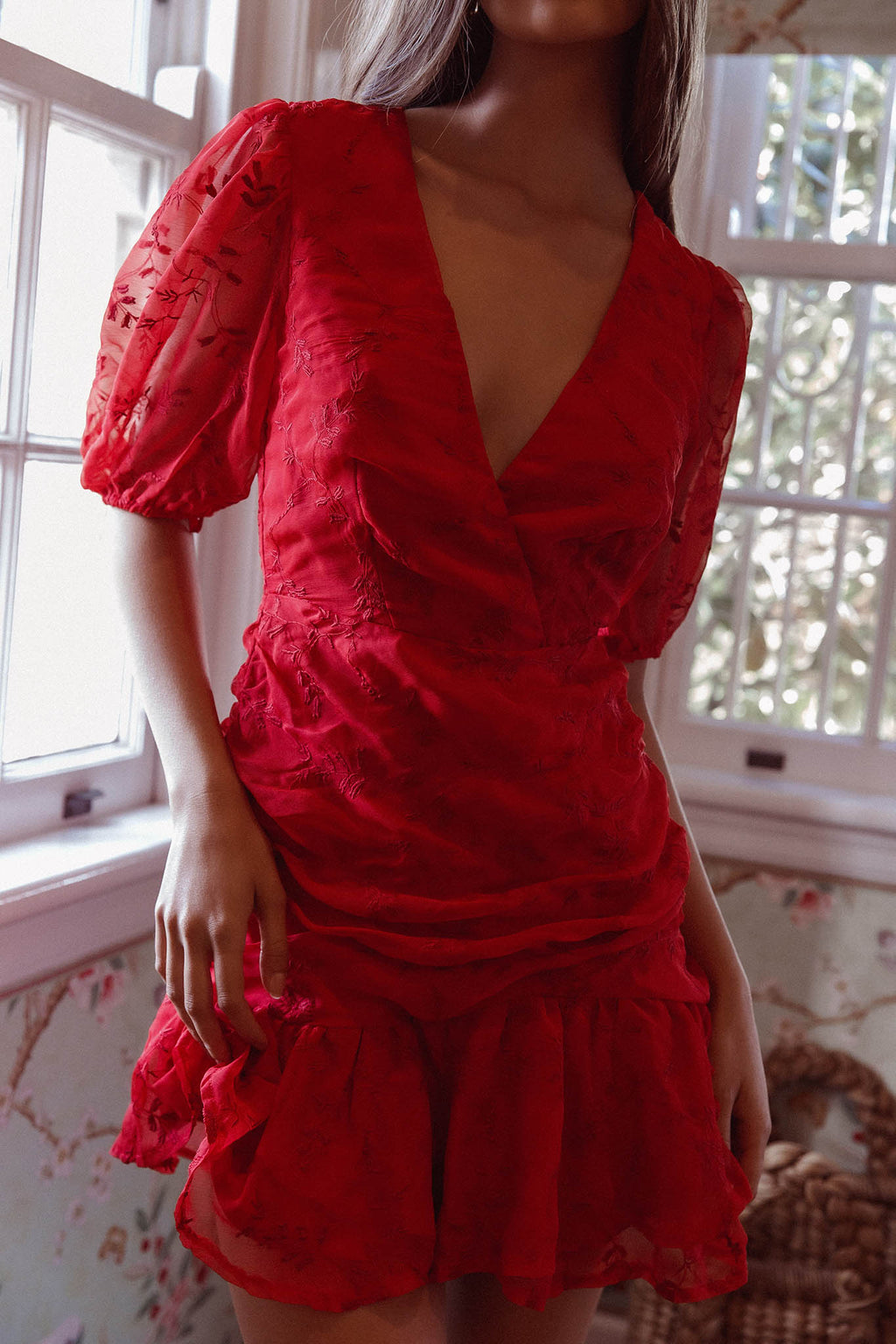 Cherry Blossom Puff Sleeve Wide Ruffle Hem Dress Red by Selfie Leslie Australia