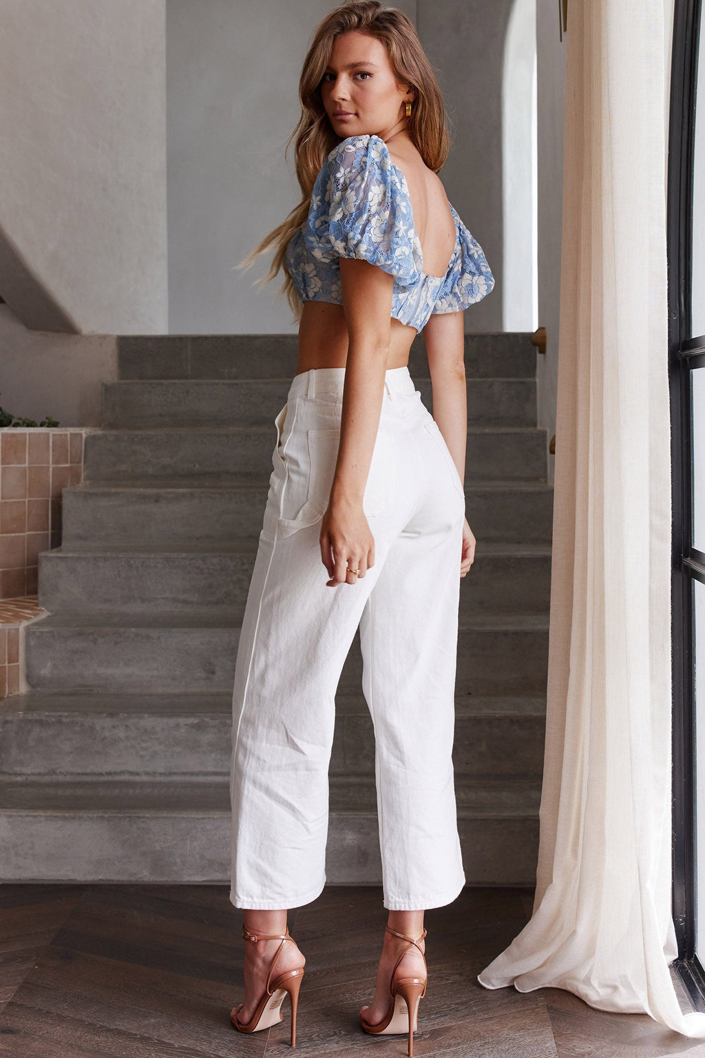 Aimee Puff Sleeve Floral Lace Crop Top Blue by Selfie Leslie