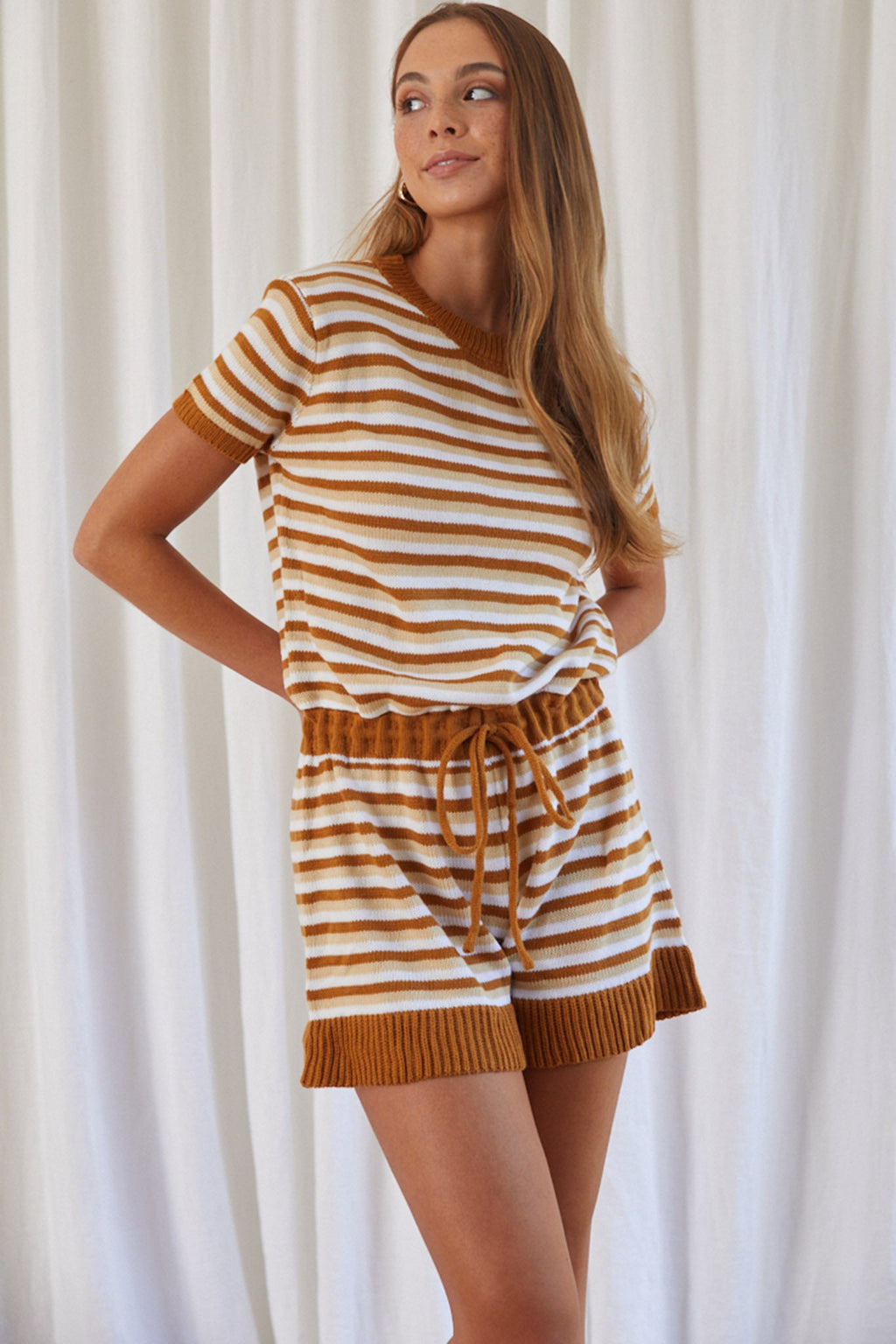 Johana Drawstring Romper Striped Camel by Selfie Leslie