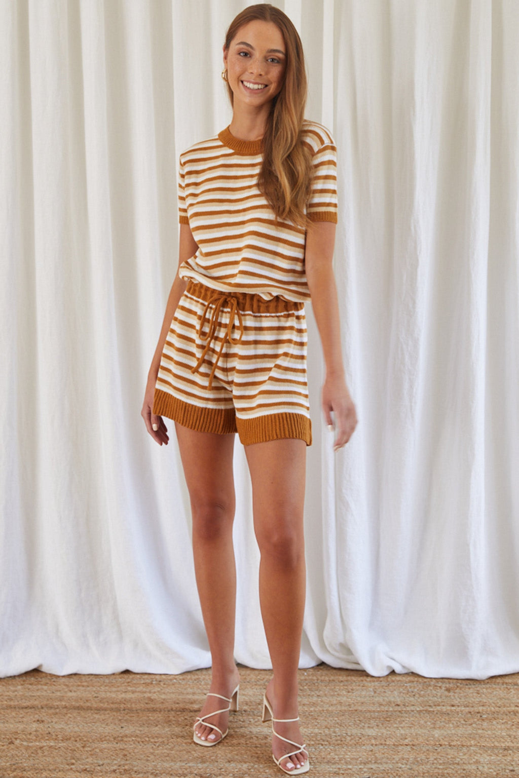 Johana Drawstring Romper Striped Camel by Selfie Leslie
