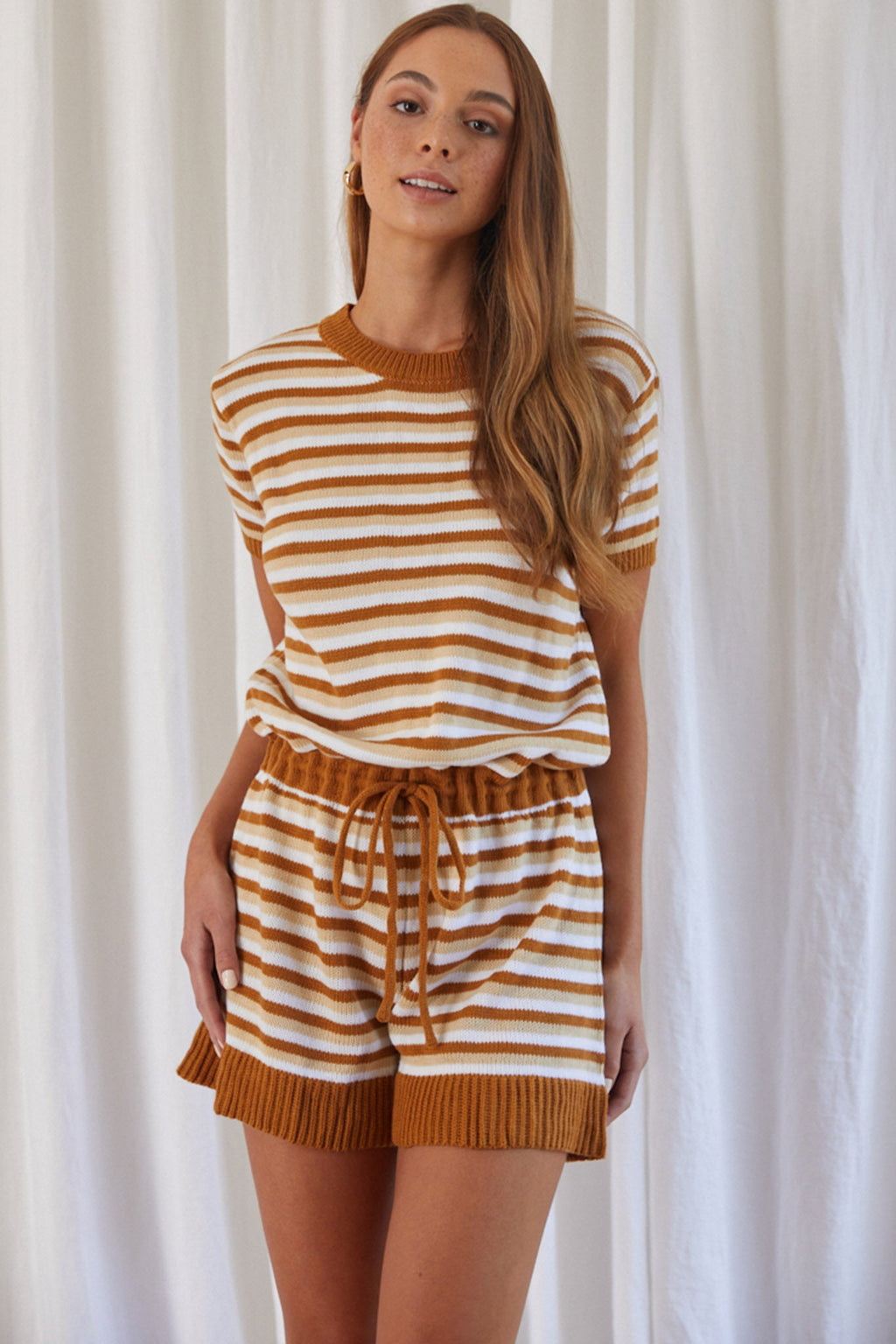 Johana Drawstring Romper Striped Camel by Selfie Leslie