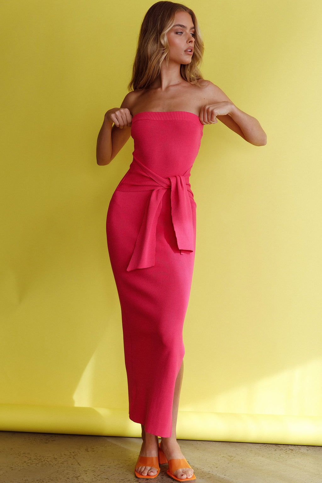 Told You So Strapless Waist Tie Knit Maxi Dress Hot Pink by Selfie Leslie