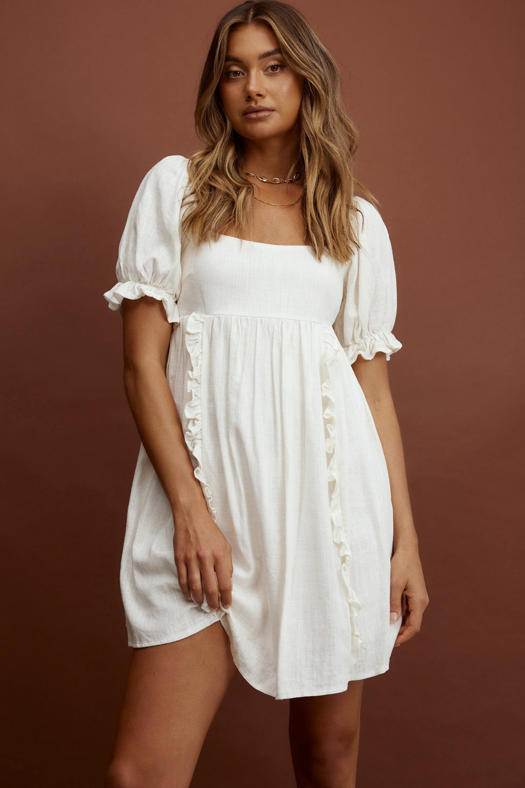 Macedonia Puff Sleeve Babydoll Dress Cream by Selfie Leslie