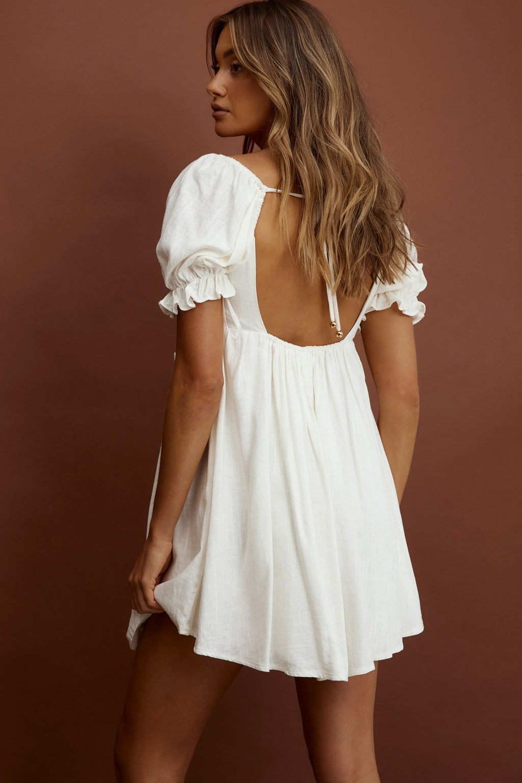 Macedonia Puff Sleeve Babydoll Dress Cream by Selfie Leslie