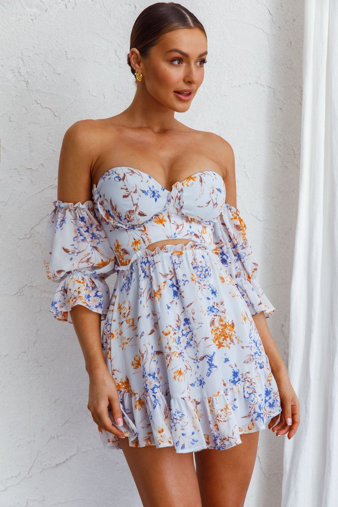 Ianthe Off-Shoulder Puff Sleeve Dress Floral Mint by Selfie Leslie