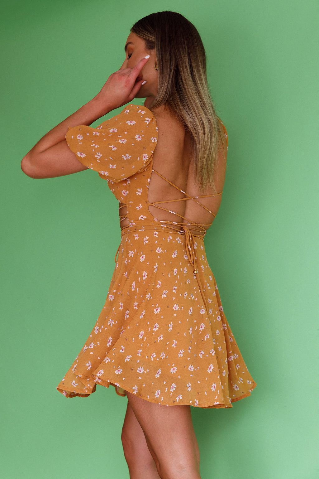 Full Hearts Lace-Up Waist Dress Floral Orange by Selfie Leslie Australia