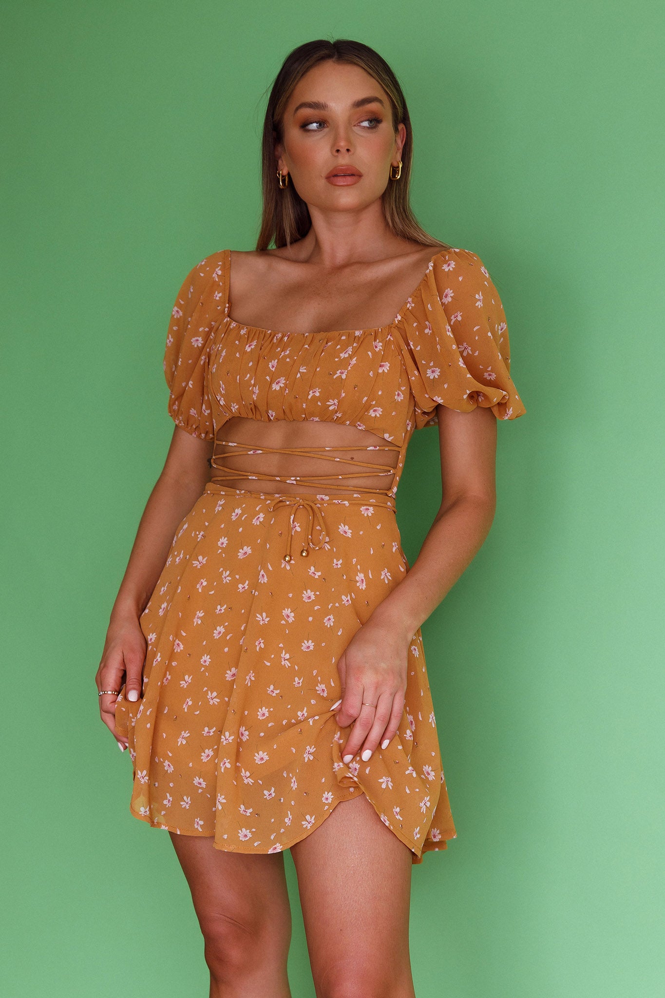 Full Hearts Lace-Up Waist Dress Floral Orange by Selfie Leslie Australia