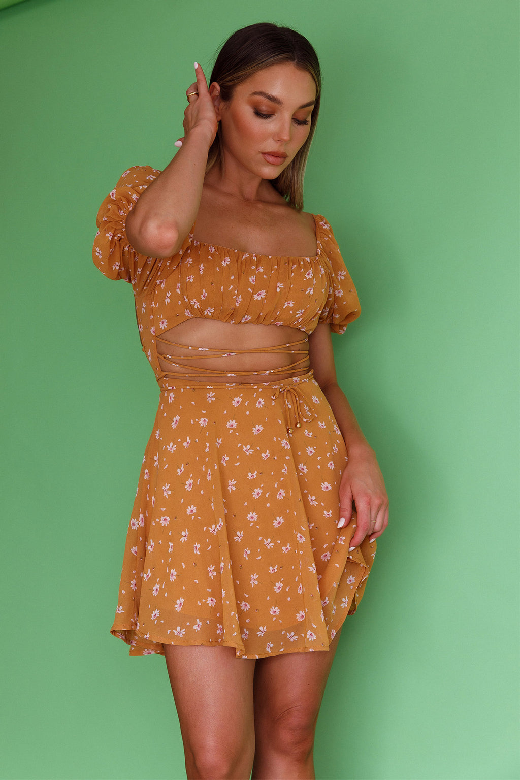 Full Hearts Lace-Up Waist Dress Floral Orange by Selfie Leslie Australia