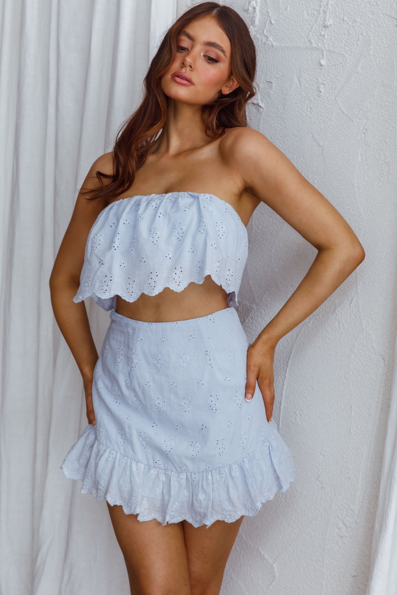 Kyla Scalloped Eyelet Crop Top Blue by Selfie Leslie