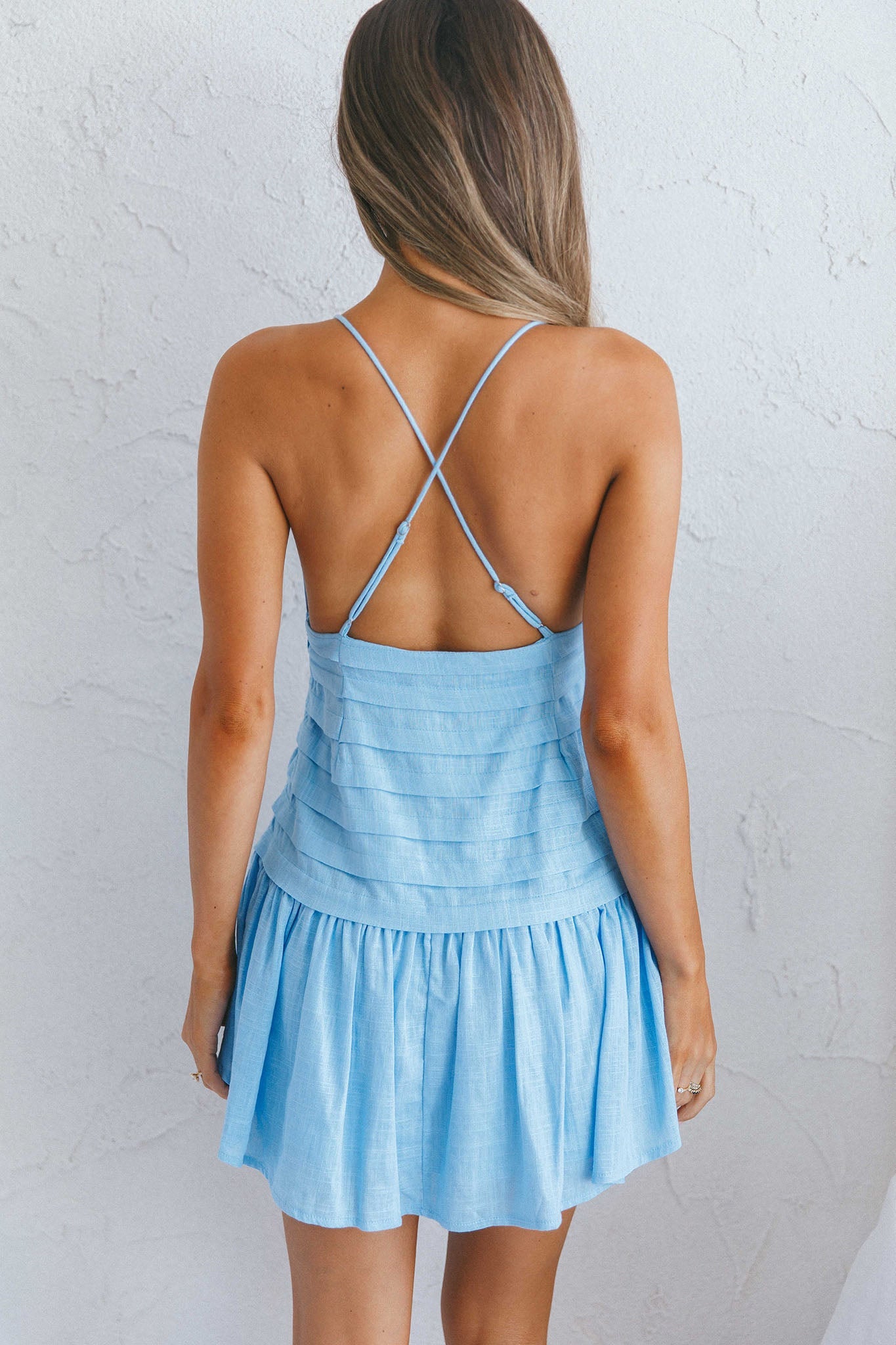 Clear Skies Pintuck Pleat Wide Ruffle Hem Mini Dress Sky Blue by Selfie Leslie