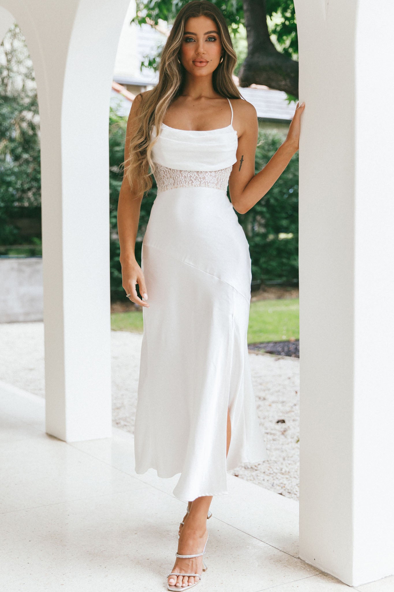 Golden Era Cowl Neck Lace Waist Midi Dress White by Selfie Leslie