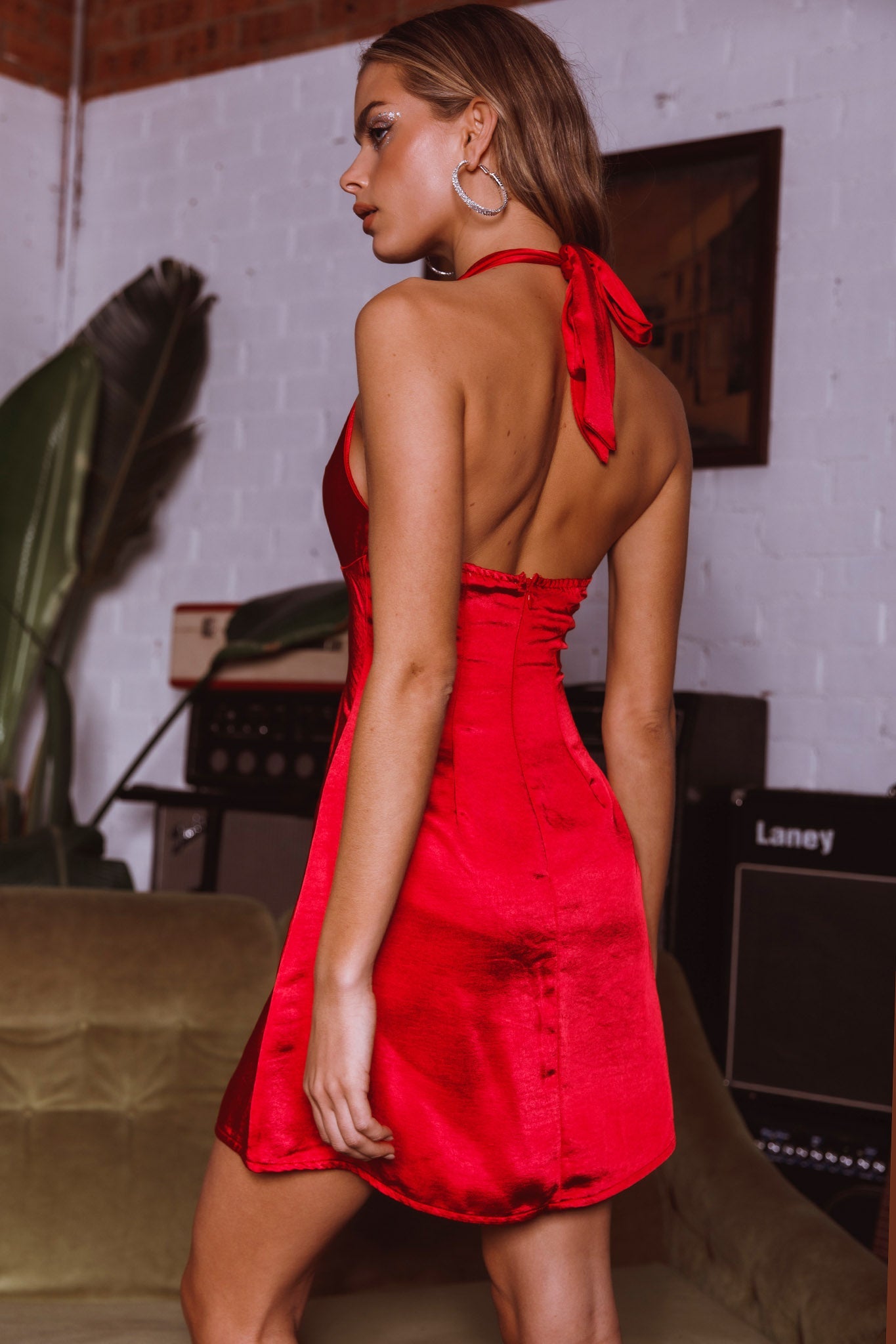 Falling Star Plunging Halterneck Mini Dress Red by Selfie Leslie
