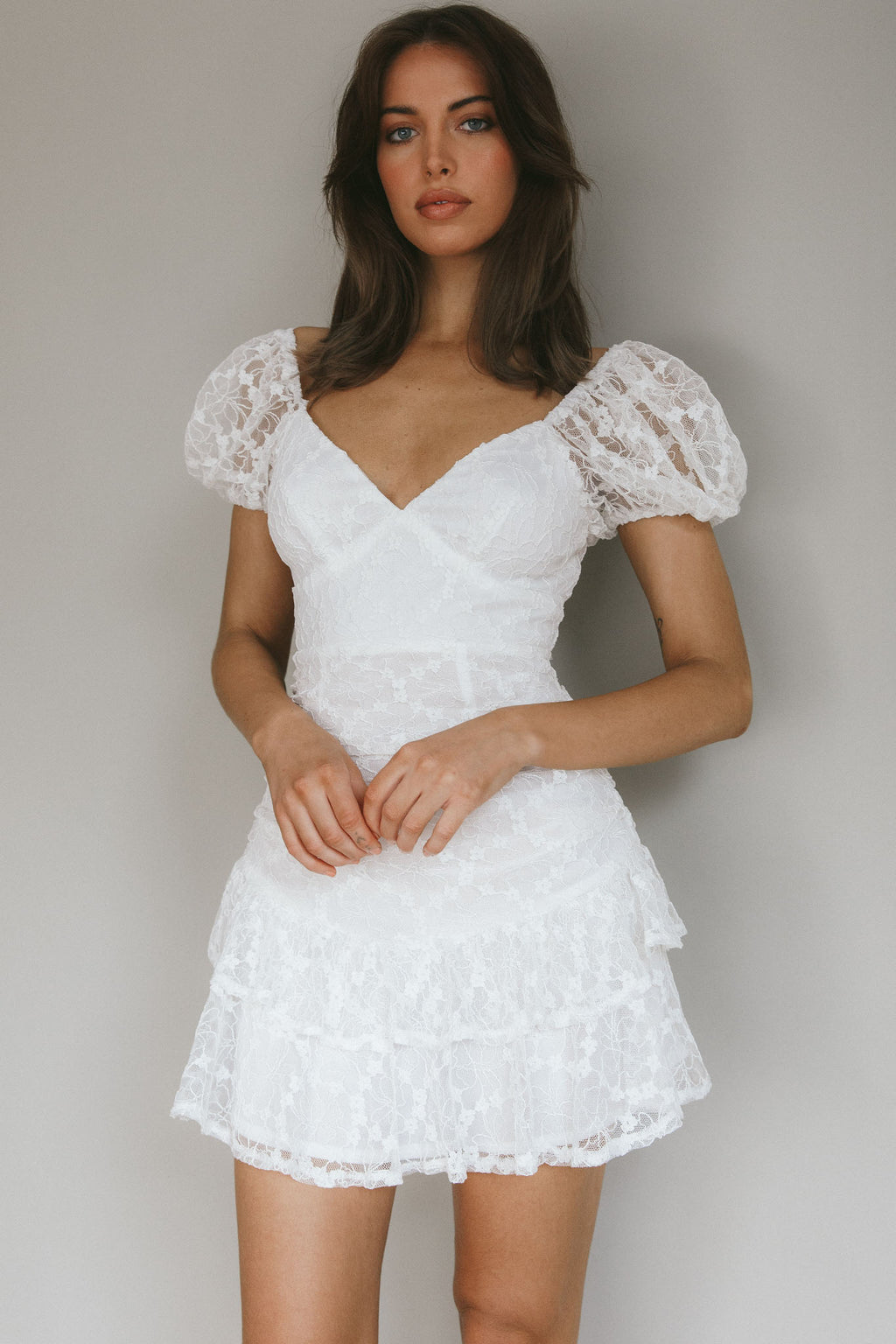 Annabella Puff Sleeve Tied Back Lace Dress White by Selfie Leslie Australia