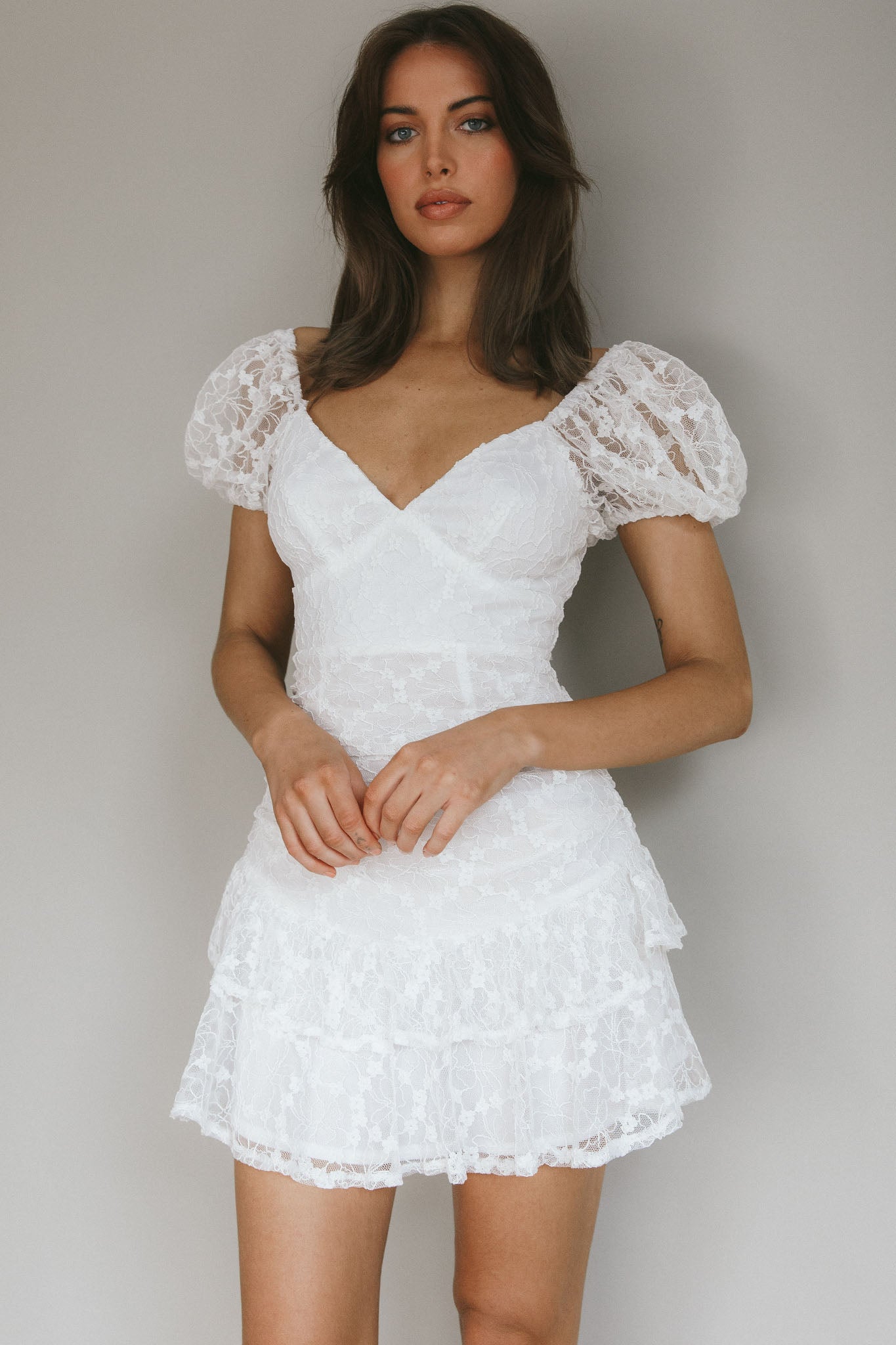 Annabella Puff Sleeve Tied Back Lace Dress White by Selfie Leslie Australia