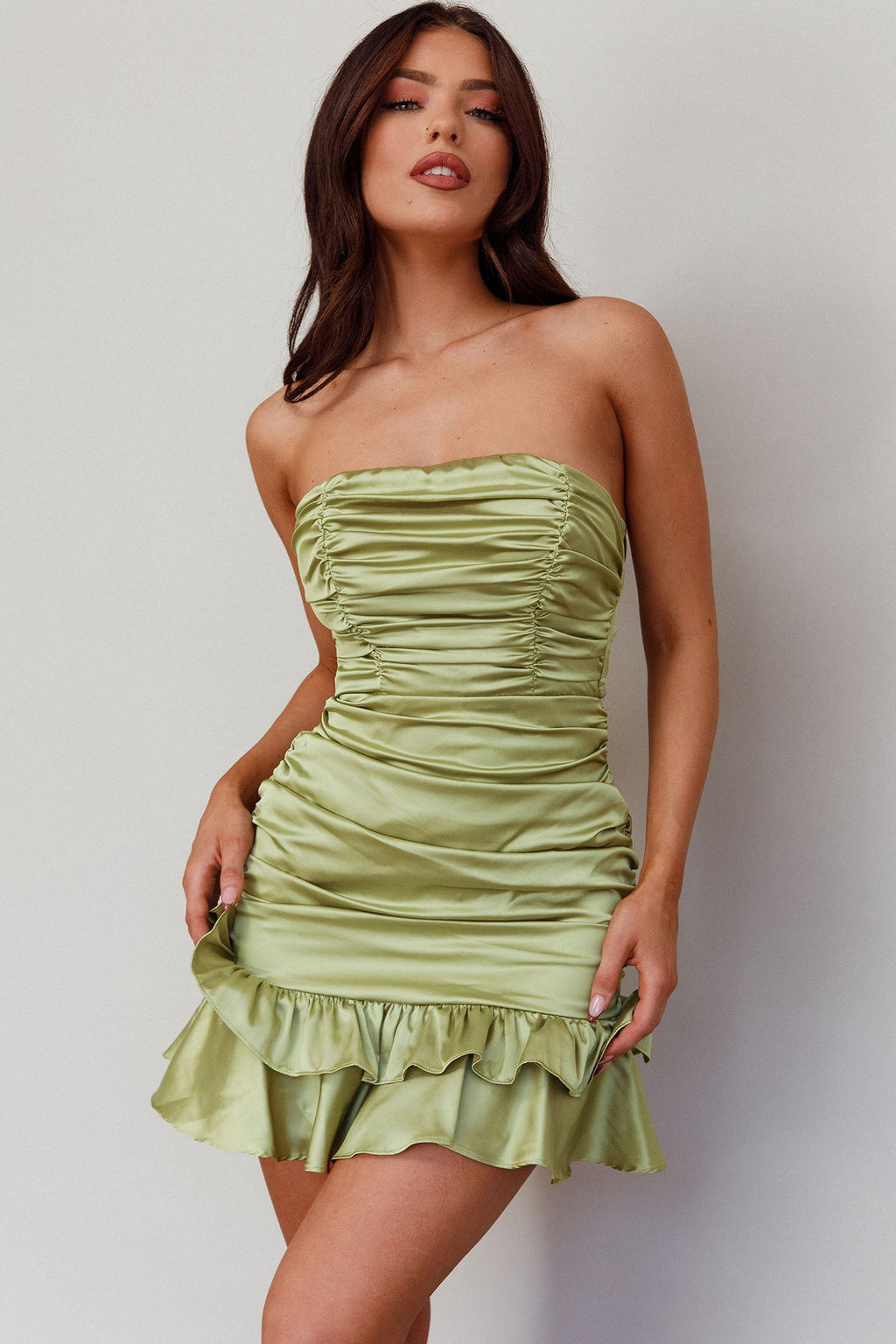 Annabella Strapless Tied Back Frill Hem Mini Dress Olive by Selfie Leslie