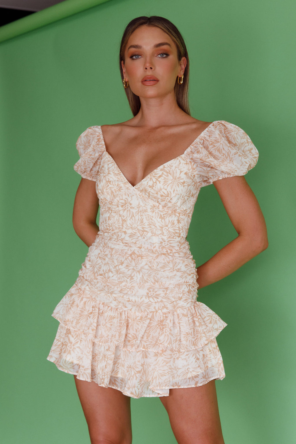 Annabella Puff Sleeve Tied Back Frill Hem Dress Floral Print Orange by Selfie Leslie Australia
