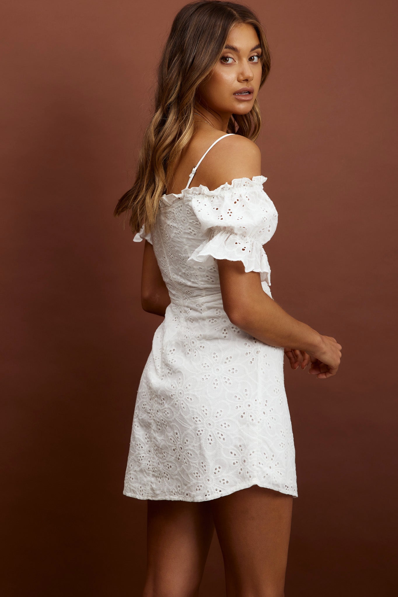 Toluca Puff Sleeve Frill Trim Eyelet Dress White by Selfie Leslie Australia