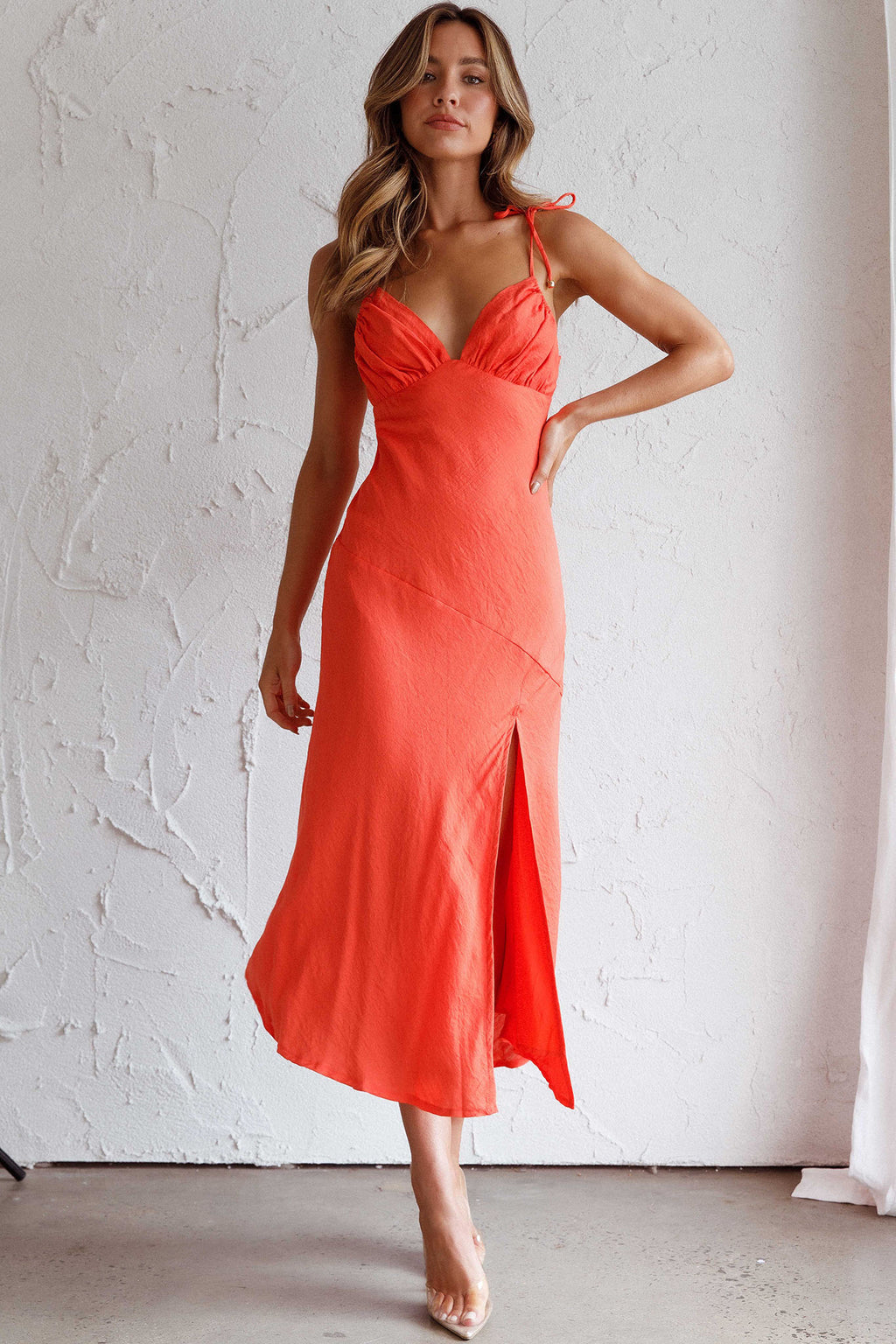 Clovelly Tied Shoulder Midi Dress Orange by Selfie Leslie Australia