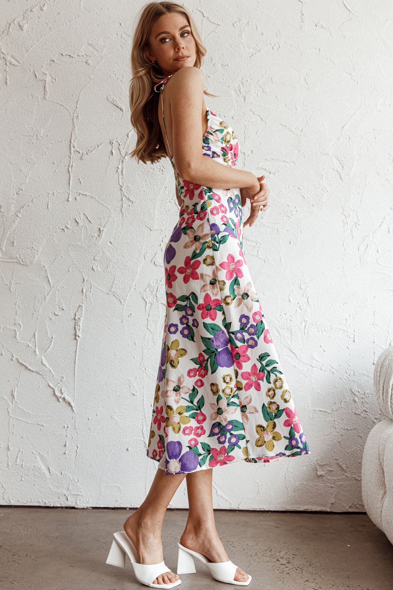 Clovelly Tied Shoulder Midi Dress Flower White by Selfie Leslie Australia