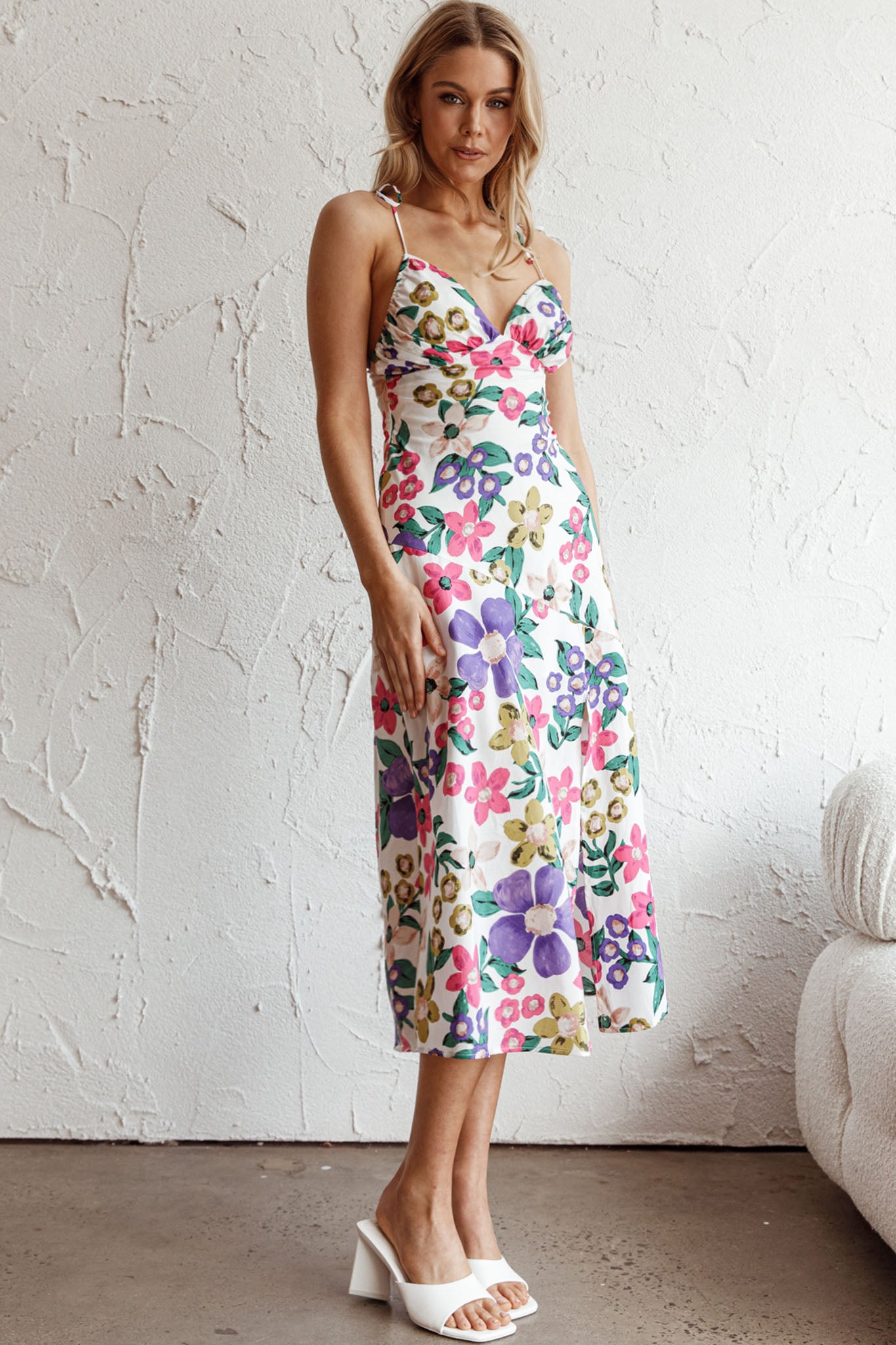 Clovelly Tied Shoulder Midi Dress Flower White by Selfie Leslie Australia