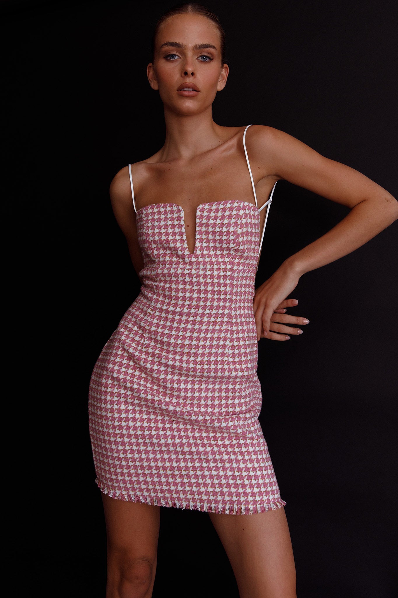 Dolce Life Low Back Mini Dress Houndstooth Pink by Selfie Leslie