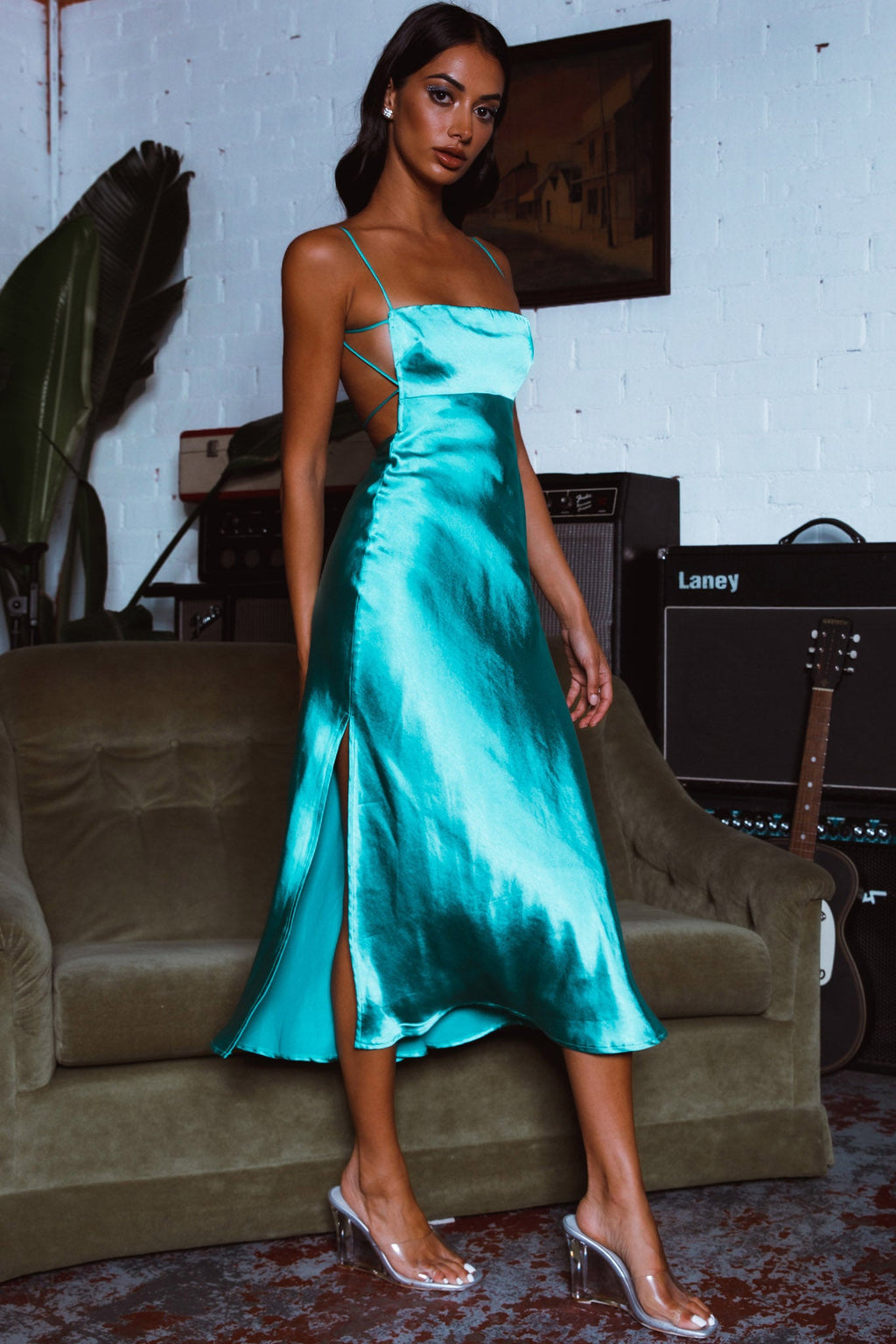 Dolce Life Low Back Midi Dress Teal by Selfie Leslie