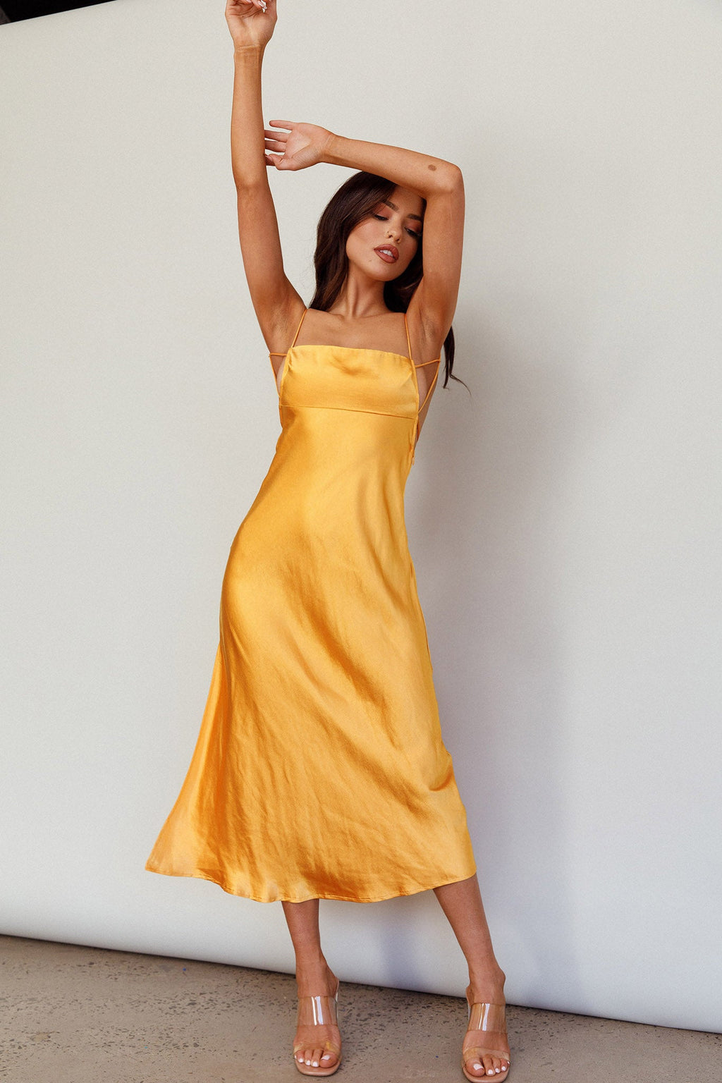 Dolce Life Low Back Midi Dress Orange by Selfie Leslie