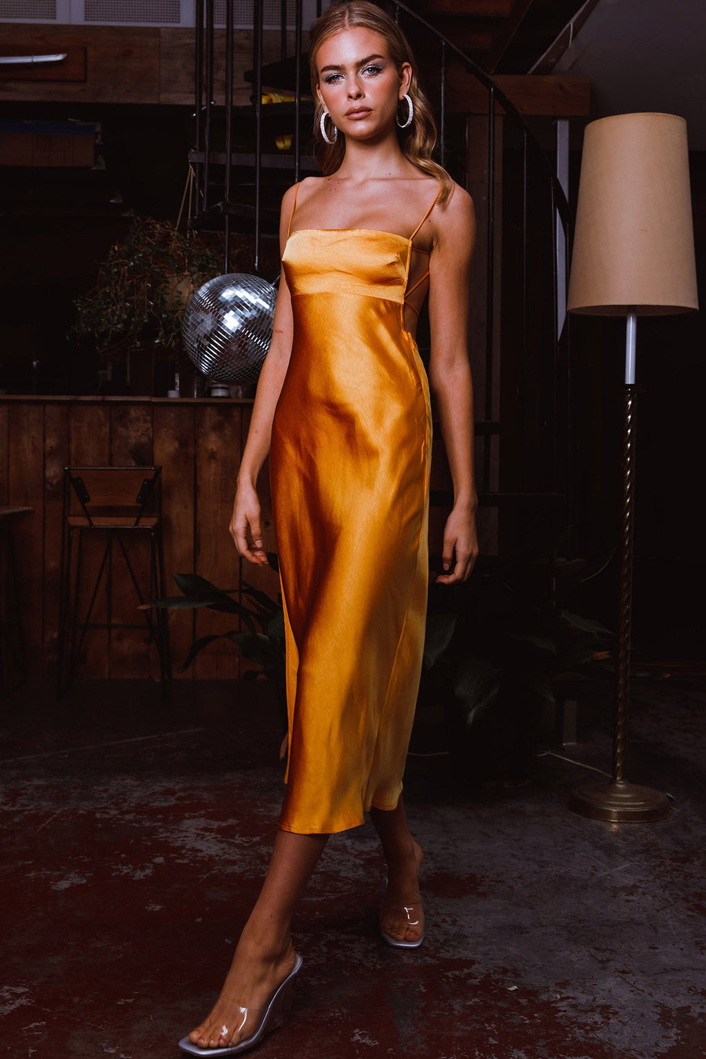 Dolce Life Low Back Midi Dress Orange by Selfie Leslie