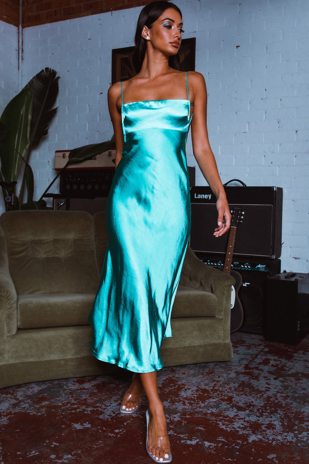 Dolce Life Low Back Midi Dress Teal by Selfie Leslie