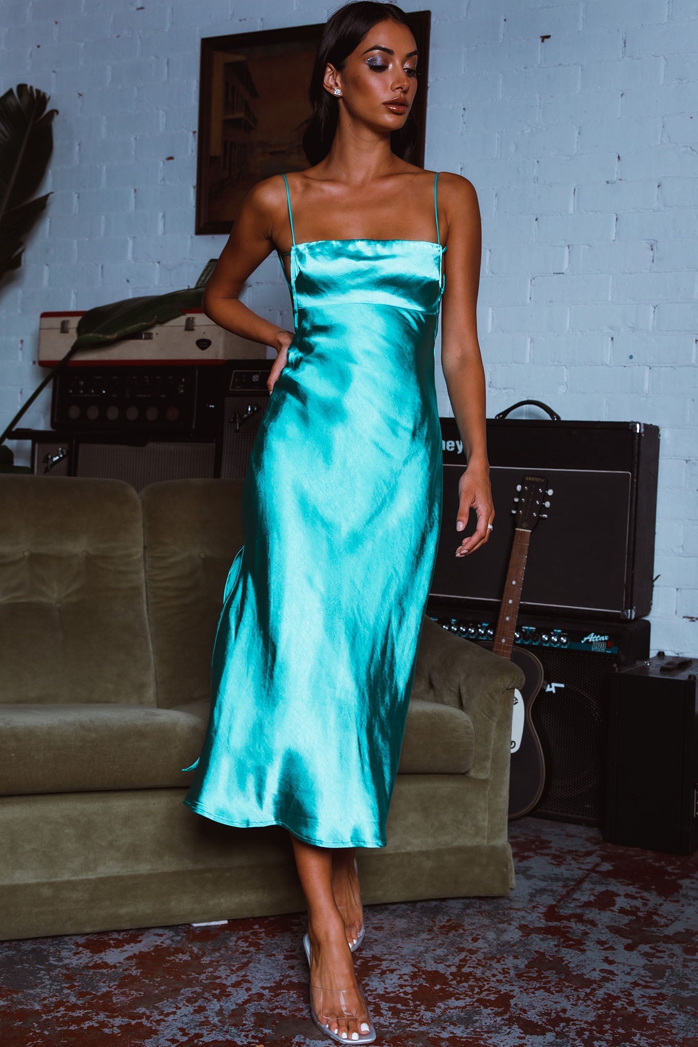 Dolce Life Low Back Midi Dress Teal by Selfie Leslie