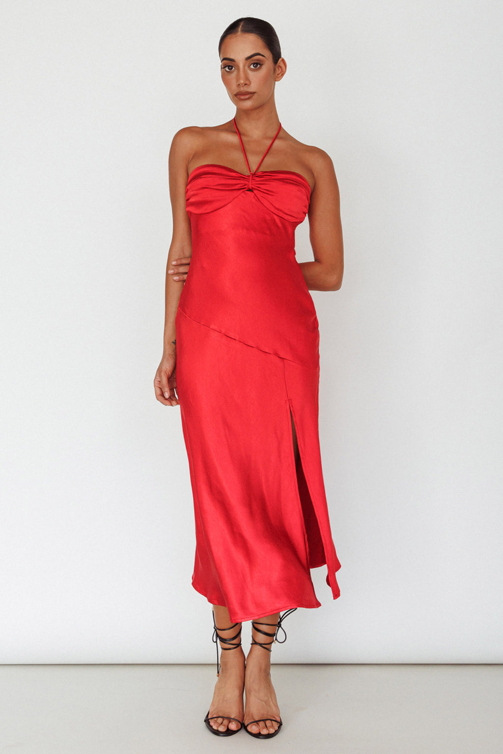 Kindred Spirit Strapless Gathered Bust Midi Dress Red by Selfie Leslie Australia