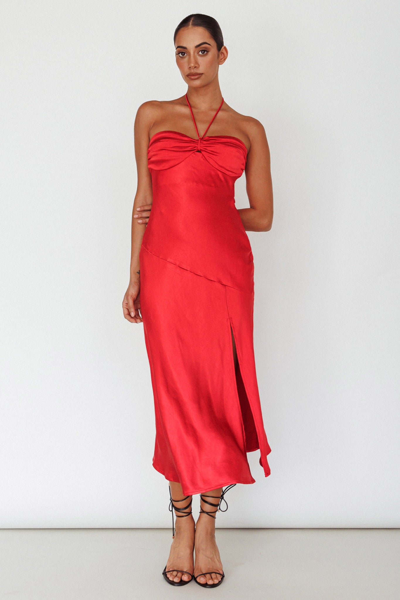 Kindred Spirit Strapless Gathered Bust Midi Dress Red by Selfie Leslie Australia