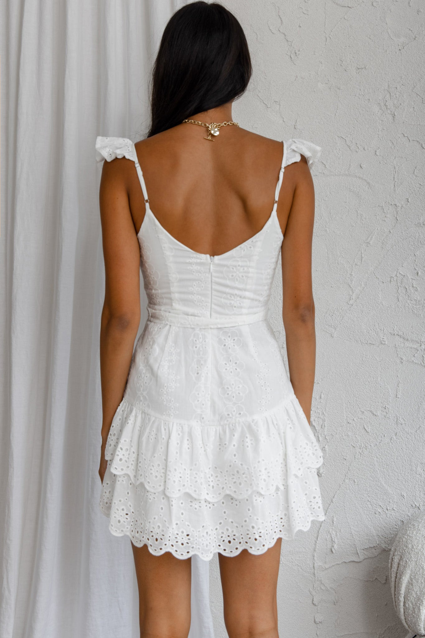 Fairytale Ending Ruffle Strap Eyelet Dress White by Selfie Leslie