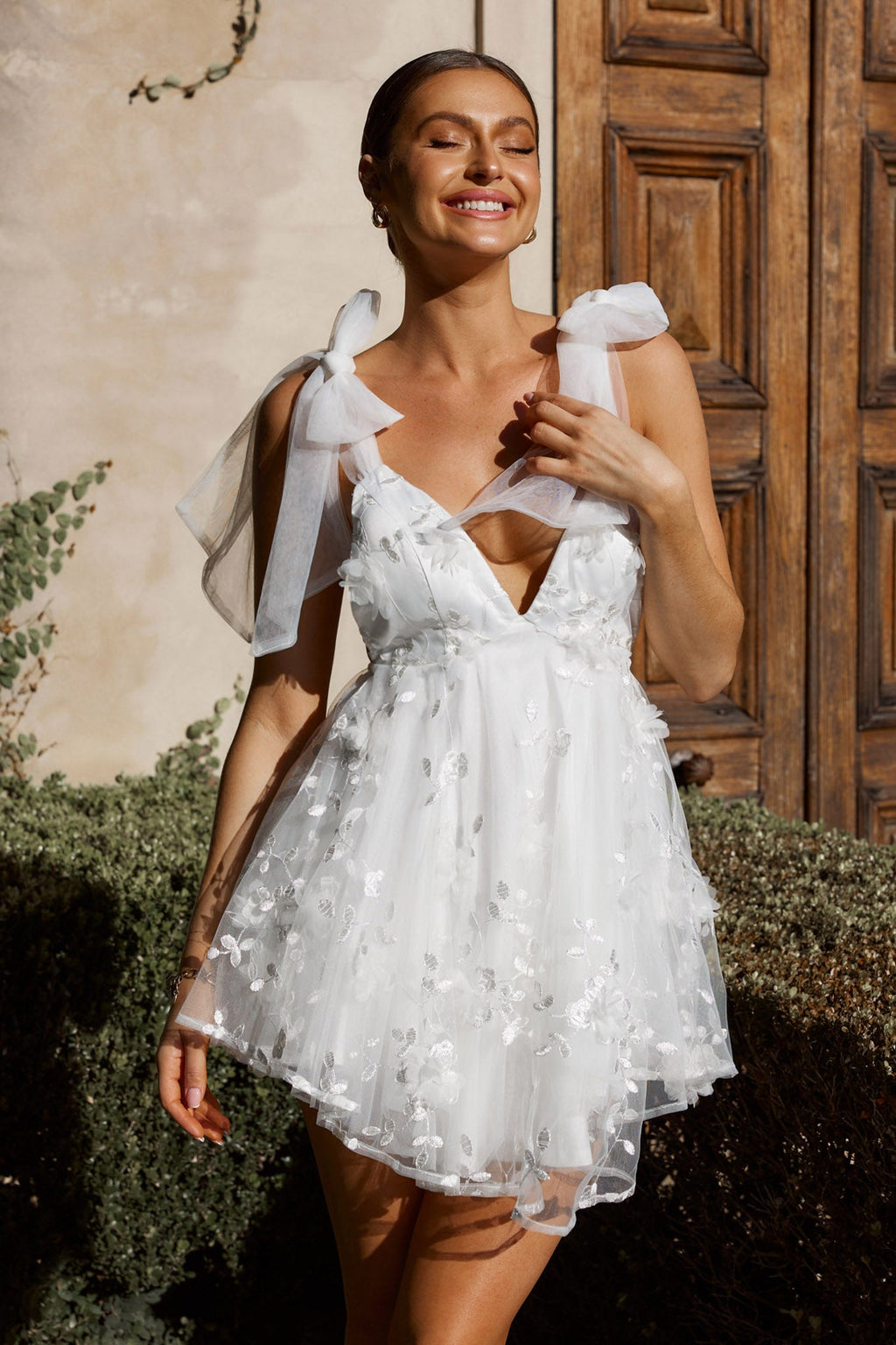 Chantilly Tied Shoulder Mini Dress White by Selfie Leslie
