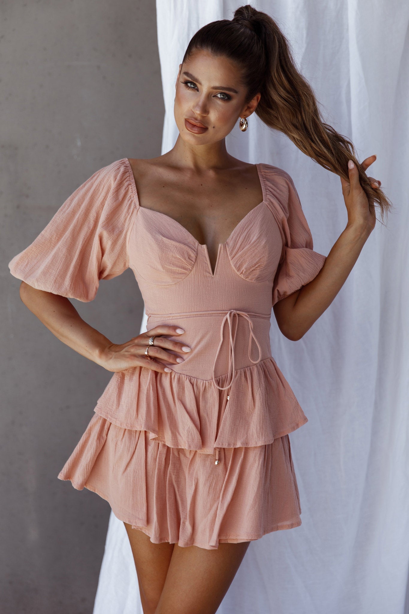 Ashton Layered Frill Hem Dress Apricot by Selfie Leslie