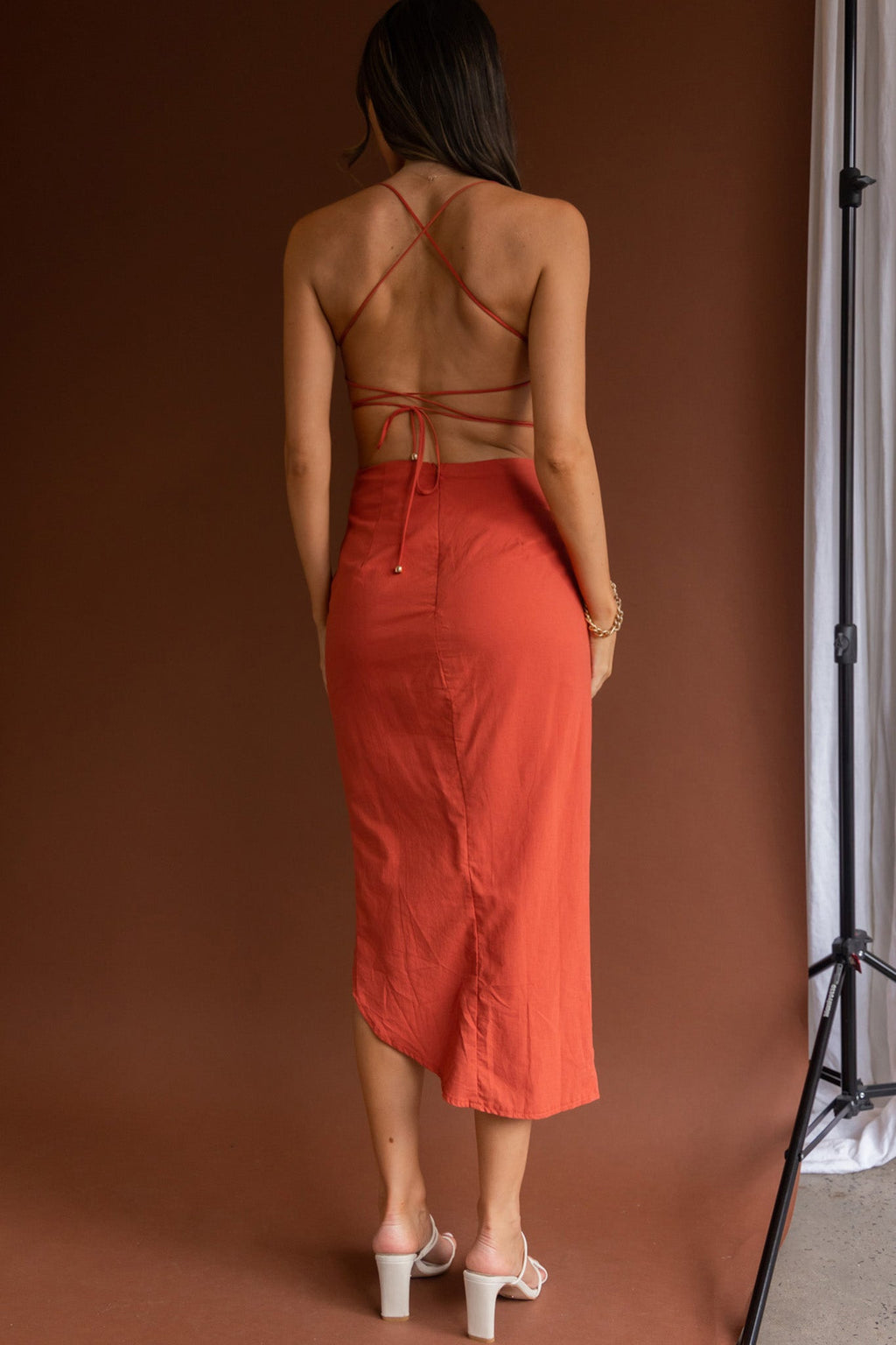 Heaven On Earth Lace-Up Back Midi Dress Rust by Selfie Leslie
