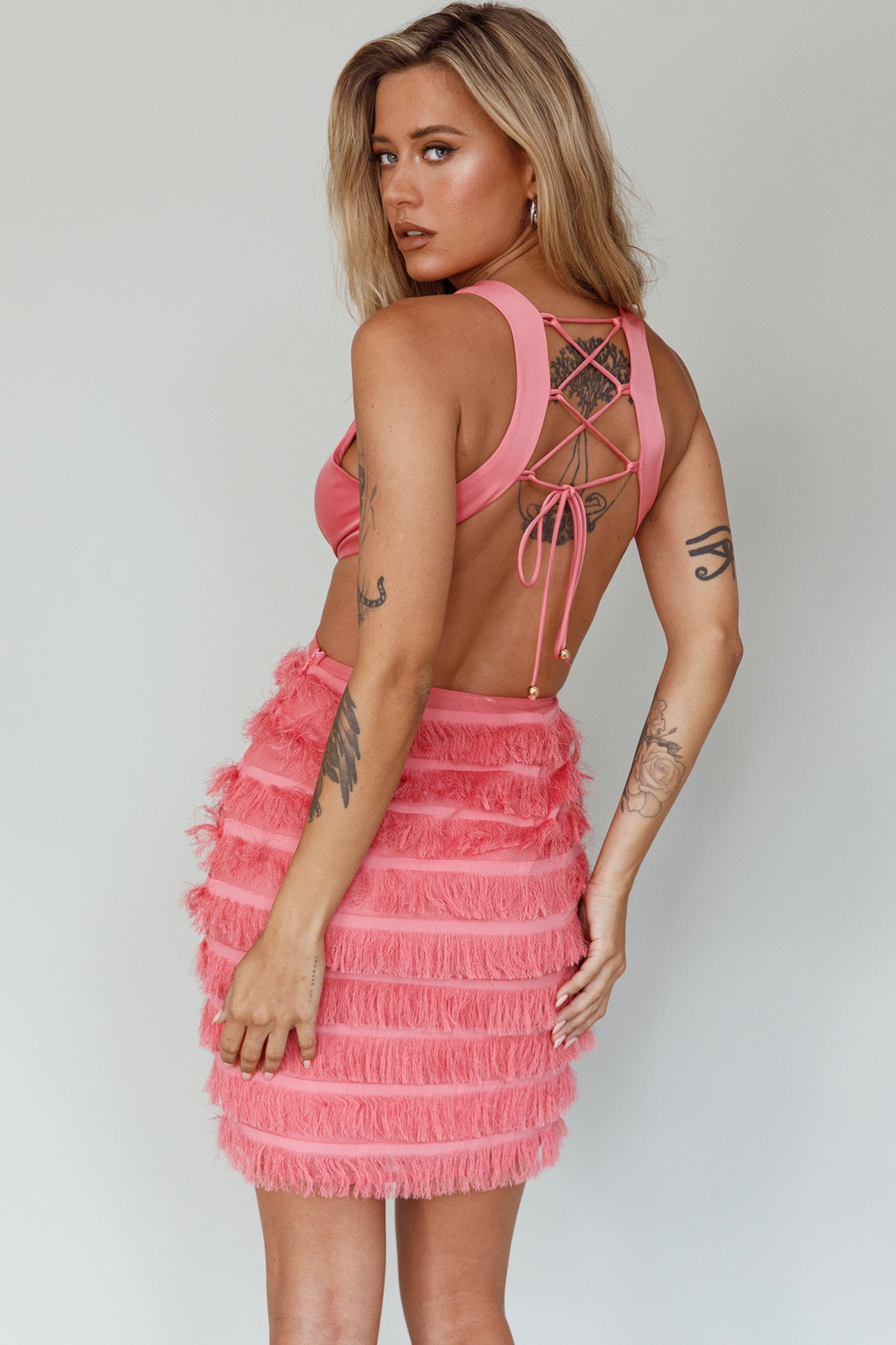 Jolie Fringing Detail Mini Dress Barbie Pink by Selfie Leslie Australia