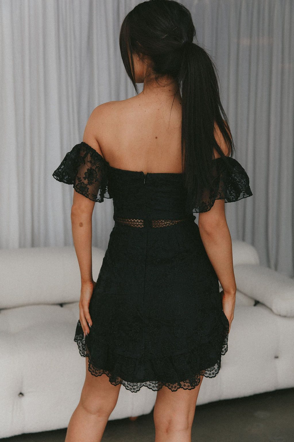 Remi Frill Shoulder Embroidered Dress Black by Selfie Leslie